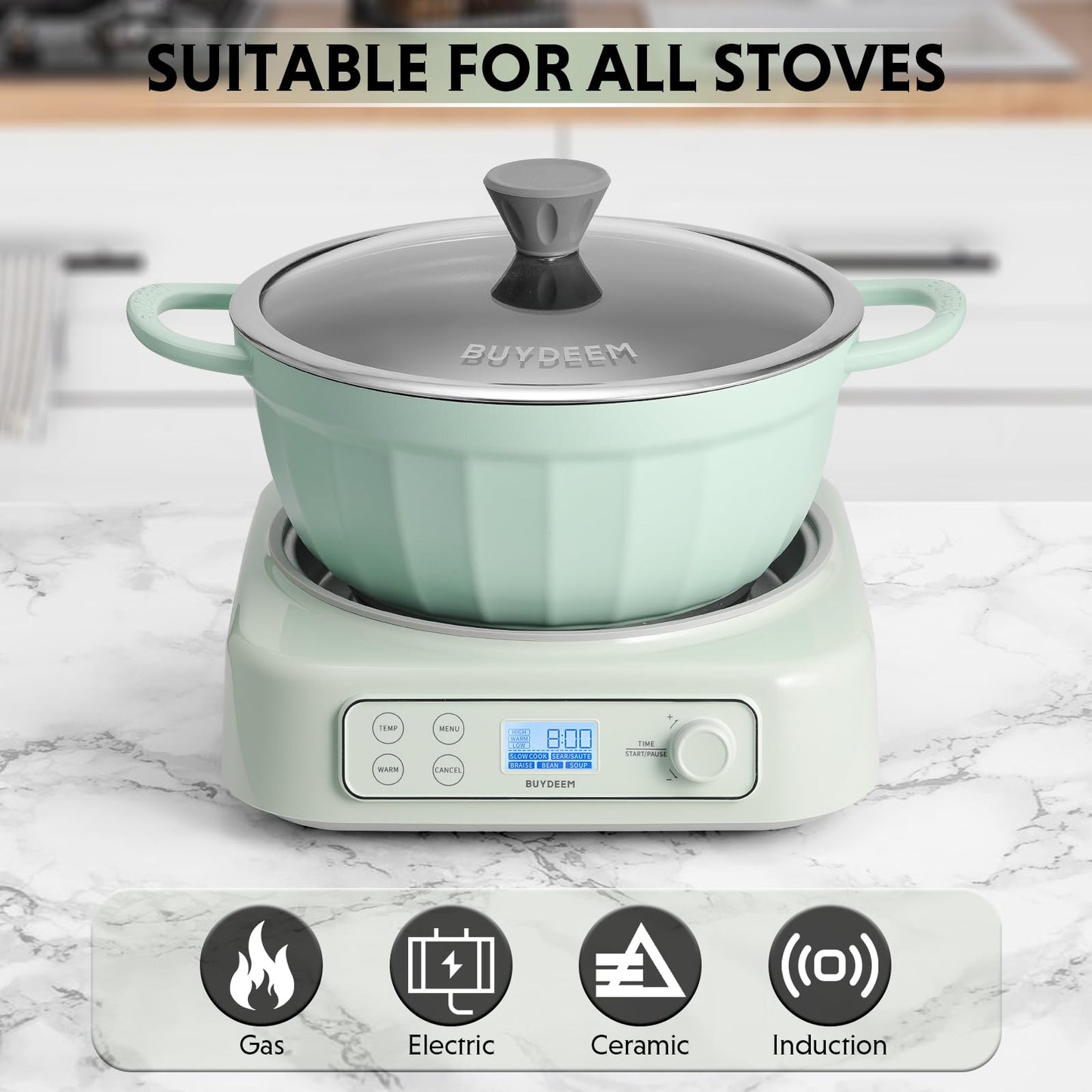 BUYDEEM 5-in-1 Slow Cooker 4.7QT with Removable Nonstick Stockpot, Compatible with Various Cookwares, Two Temperature Controls, Customized Time Settings, Auto Keep Warm for 2H, Cozy Greenish