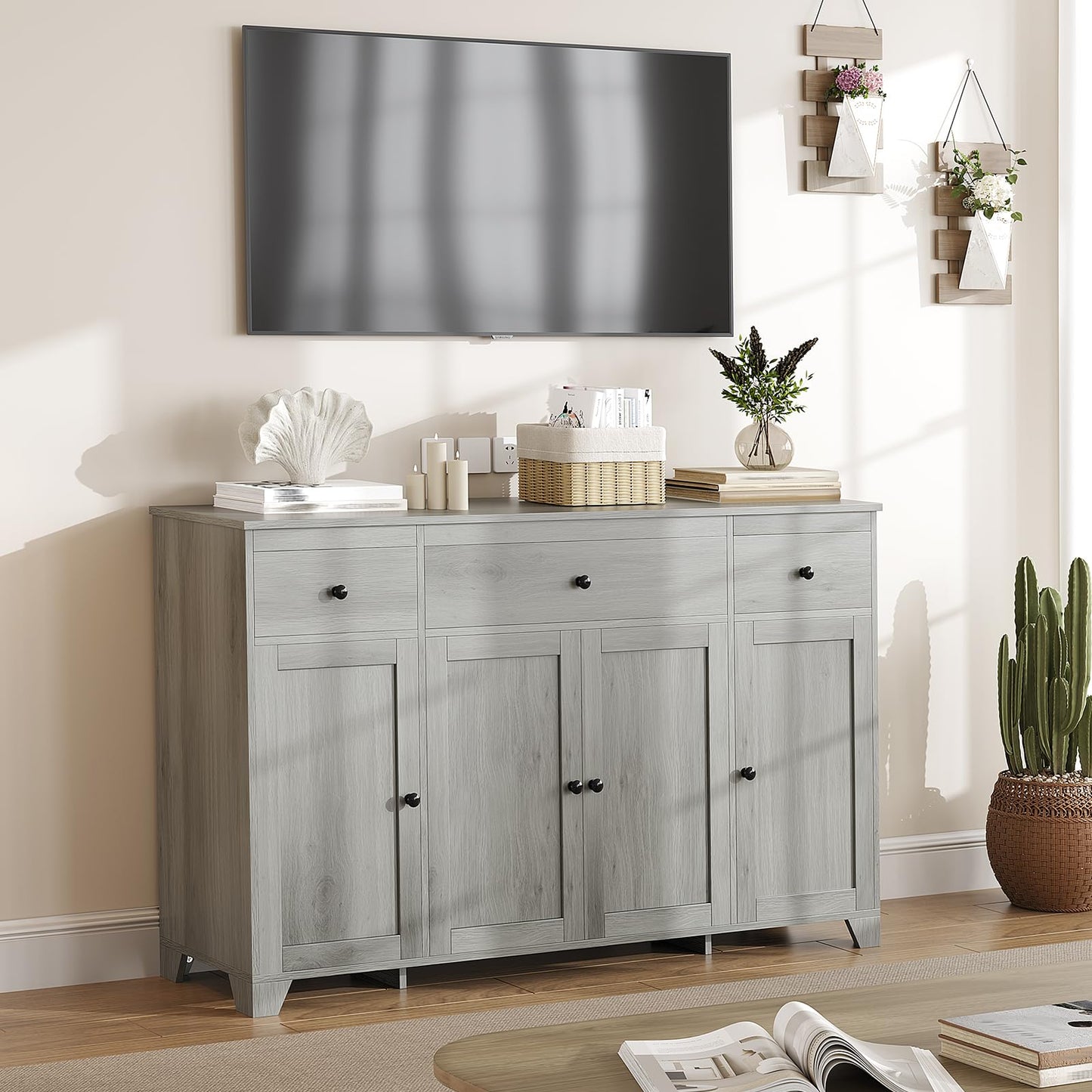 GarveeHome 55 in Sideboard Buffet Cabinet with Storage, Minimalist Kitchen Storage Cabinet with 3 Drawers & 4 Doors, Buffet Console Table Coffee Bar with Adjustable Shelf for Dining Living Room- Grey
