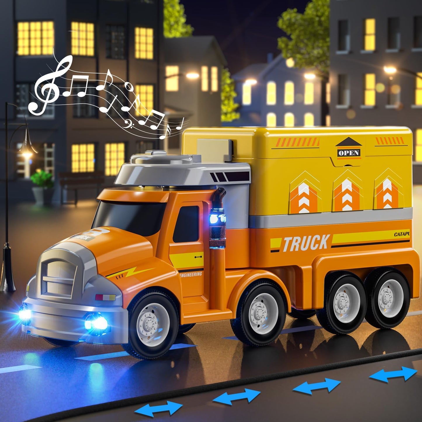 Doloowee Construction Truck Toy Set with 8 Vehicles, Car Carrier with Movable Station, Educational Vehicle Toys for Kids 3-8 Years, Orange
