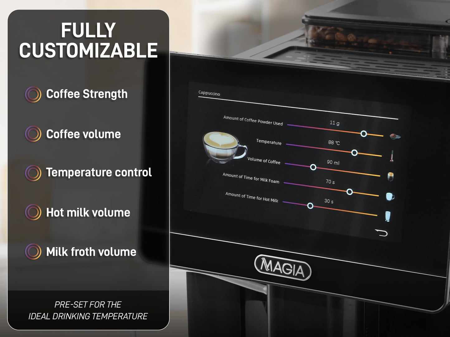 Zulay Kitchen Magia Ultra LUX Super Automatic Espresso Machine, Bean-to-Cup Coffee Maker with Built-In Grinder, Automatic Milk System, 19 One-Touch Specialty Drinks, Touchscreen, Black