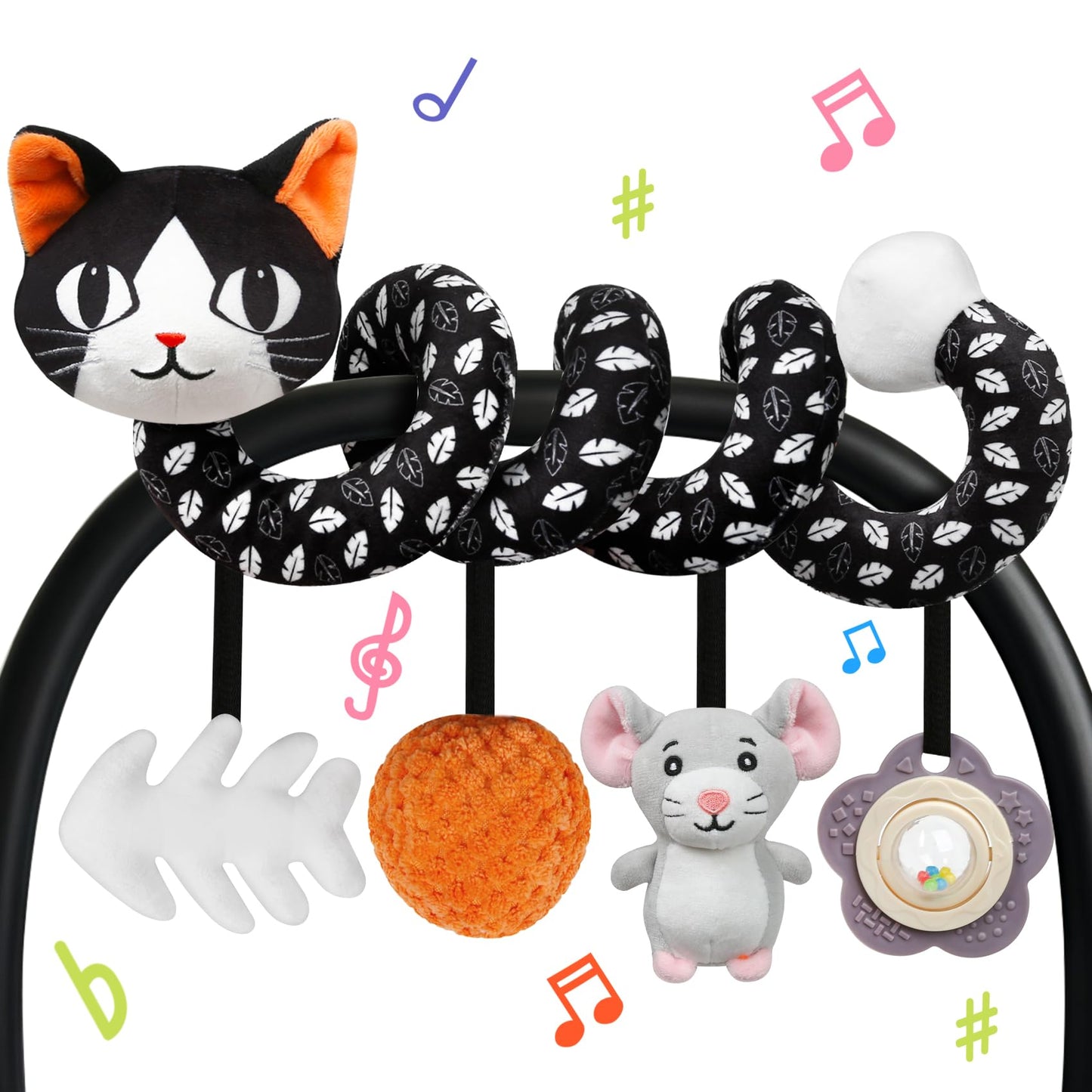 Car Seat Toys for Babies 0-6 Months,Hanging Rattle Toys for Crib Mobile, Baby Spiral Hanging Stroller Black and White High Contrast Toys for Newborn 0 3 6 9 12 Months Baby Boys Girls (Cat)
