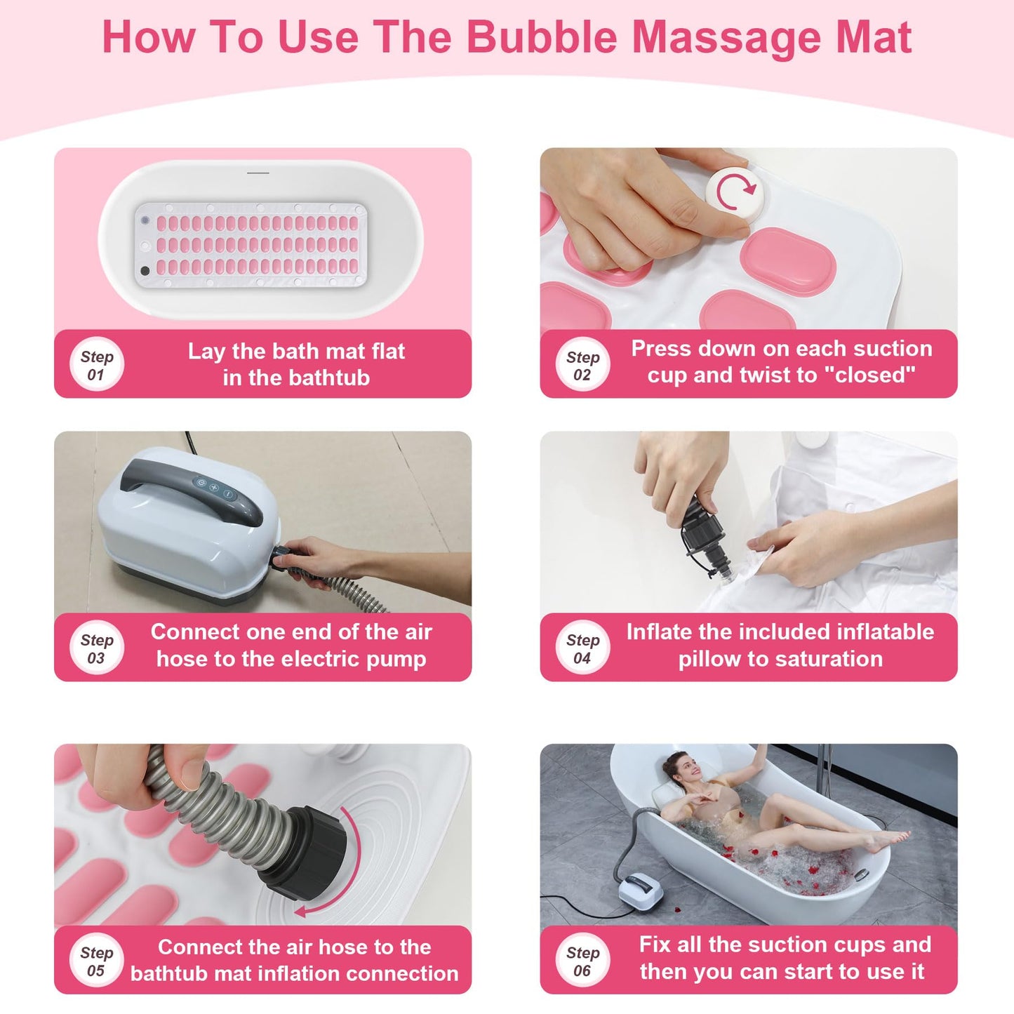 Bubble Bath Mat - Portable Spa Massager Mat for Bathtub with Remote Control, Inflatable Backrest & Non-Slip Suction Cup (44.9" x 16.9" Pink)