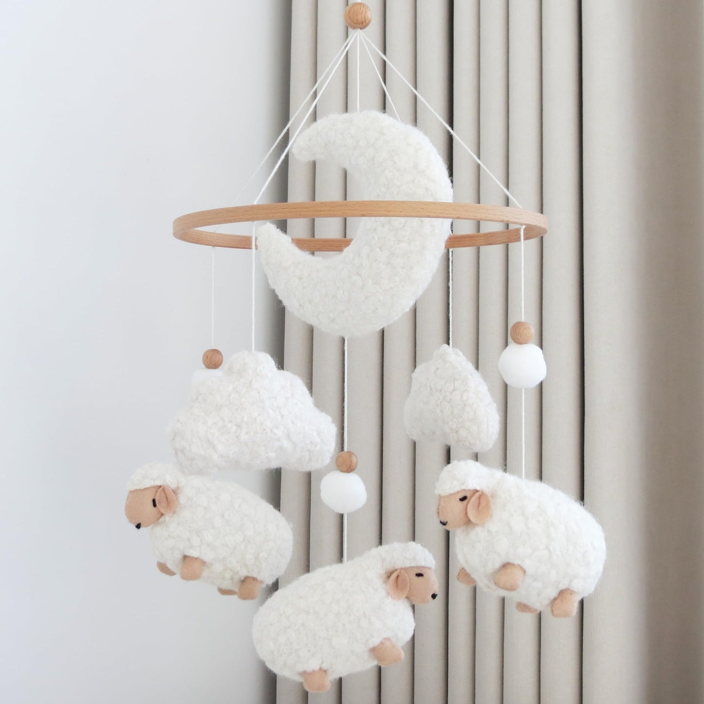 Sheep Baby Mobile for Crib, Cloud Baby Crib Mobile for Girls & Boys, Neutral Crib Toys Hanging, Lamb Baby Mobile for Bassinet, Nursery Decor - Creamy White