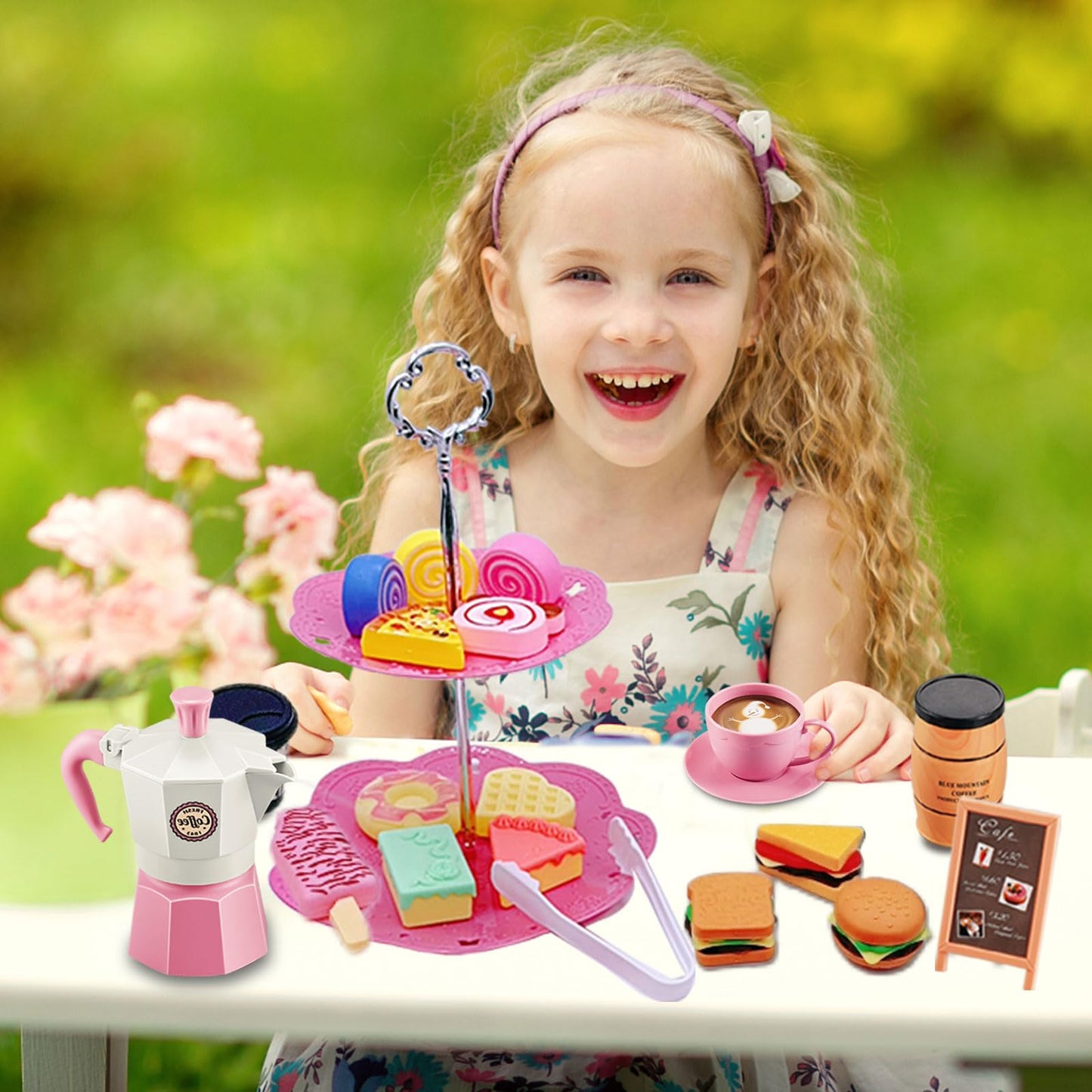 GIFTRRTOY Pretend Tea Party Set for Little Girls, 48 PCS Coffee Maker Set and Play Food Dessert Set for Kids Age 3 4 5 6 7 8 9, Kids Kitchen Pretend Play for Princess Girls Boys(Pink)