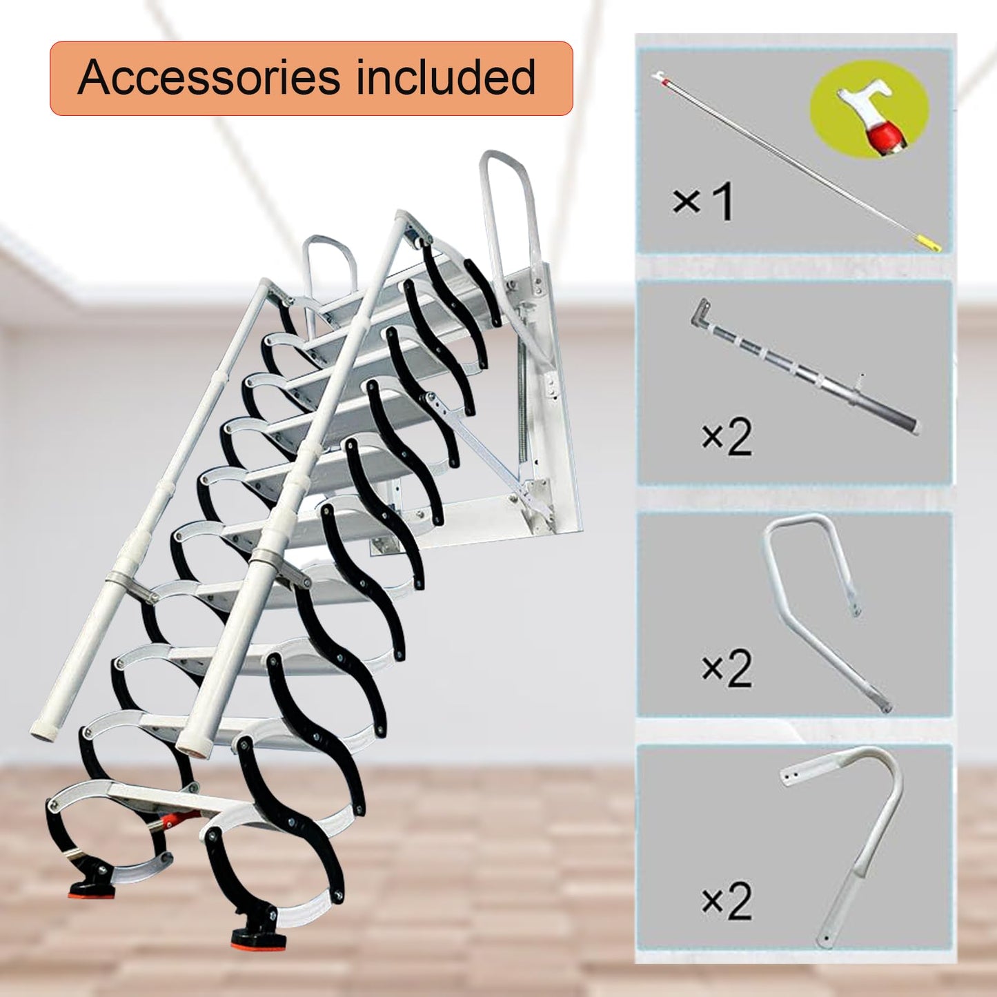 10FT Wall Mounted Retractable Attic Ladder, Folding Loft Stairs with 2 Handrails & Pull-Down System, Extra Wider Attic Stairs for Indoor, for Indoor, Garage, Basement, Storehouse, 660lb (12 Steps)