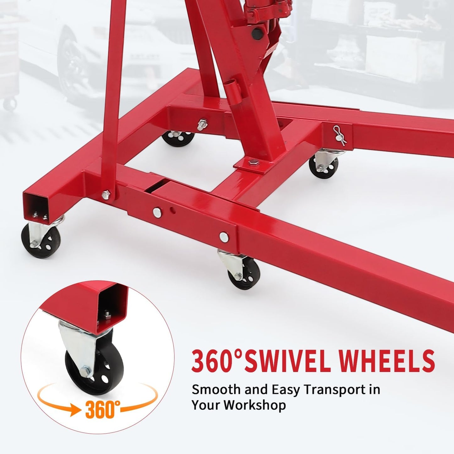 GarveeTech 2-Ton Folding Engine Hoist Cherry Picker 4400 Lb Capacity Hydraulic Shop Crane with Telescoping Boom 6 Caster Wheels for Automotive Repair Garage Use Includes Hitch and Storage Stand Red
