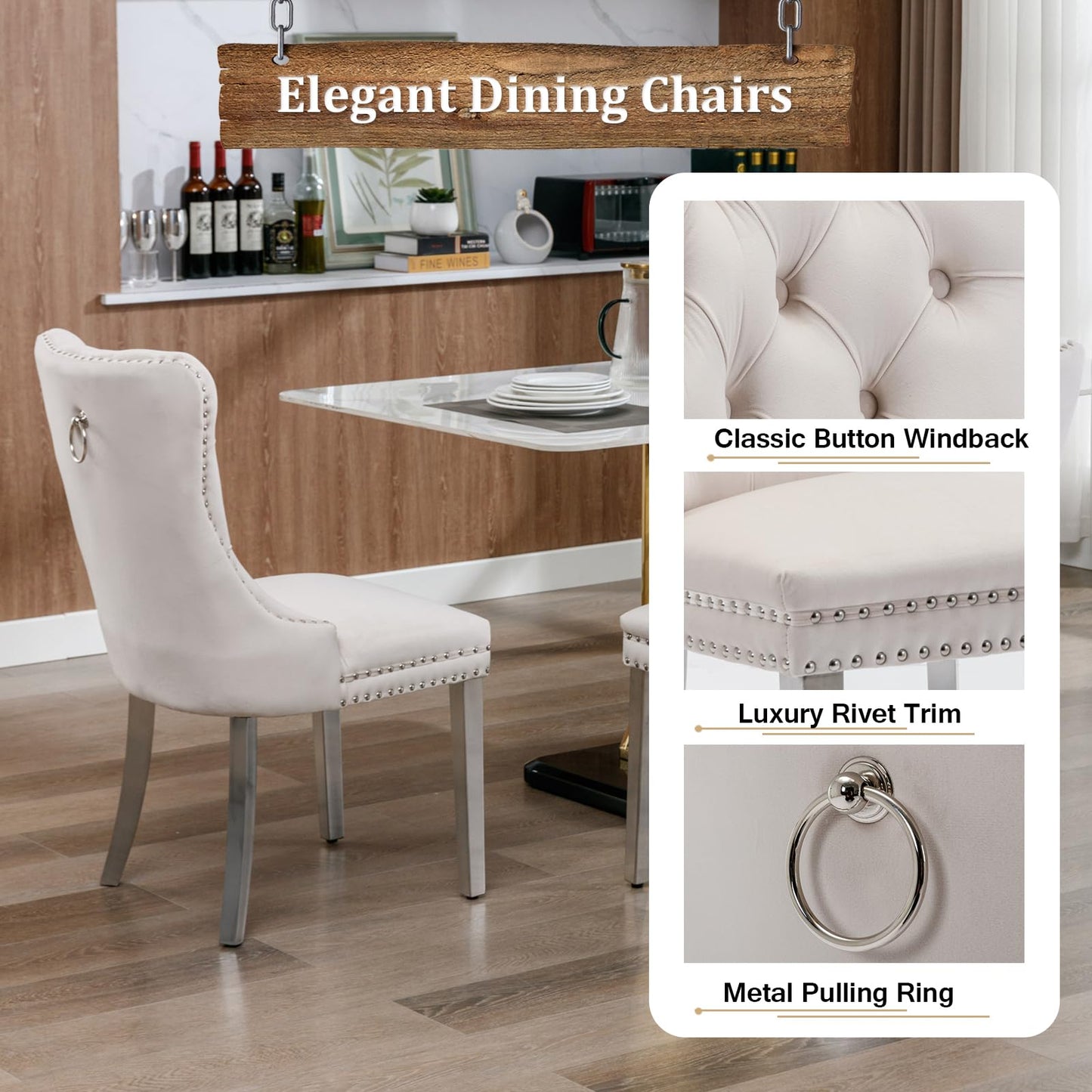 68" White Marble Dining Table Set for 6, Modern 7-Piece Faux Marble Kitchen Dining Room Table Set w/Steel X-Base & 6 Beige Velvet Dining Chairs, Luxury Silver Kitchen Table and Chairs Set of 6
