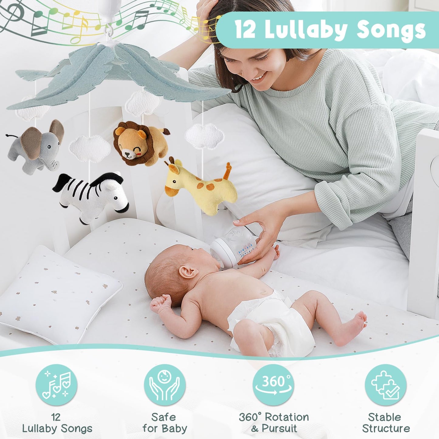 PIIKAGO Animals Crib Mobile for Boys & Girls - Safari Baby Mobile for Crib with Upgraded 3-Mode Music Box, Fits Standard Cribs, Nursery Mobiles