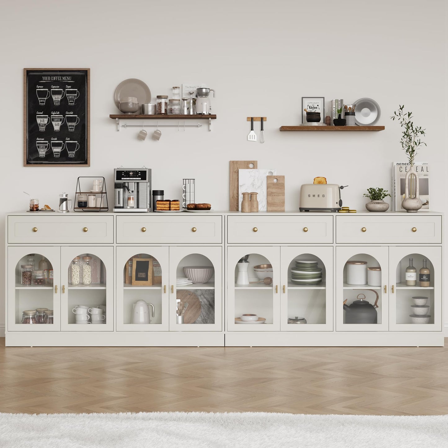 FansaFurn White Sideboard with Adjustable Shelves & 4 Doors, Kitchen Sideboards, Wood Coffee Bar Table for Living Room, Dining Room