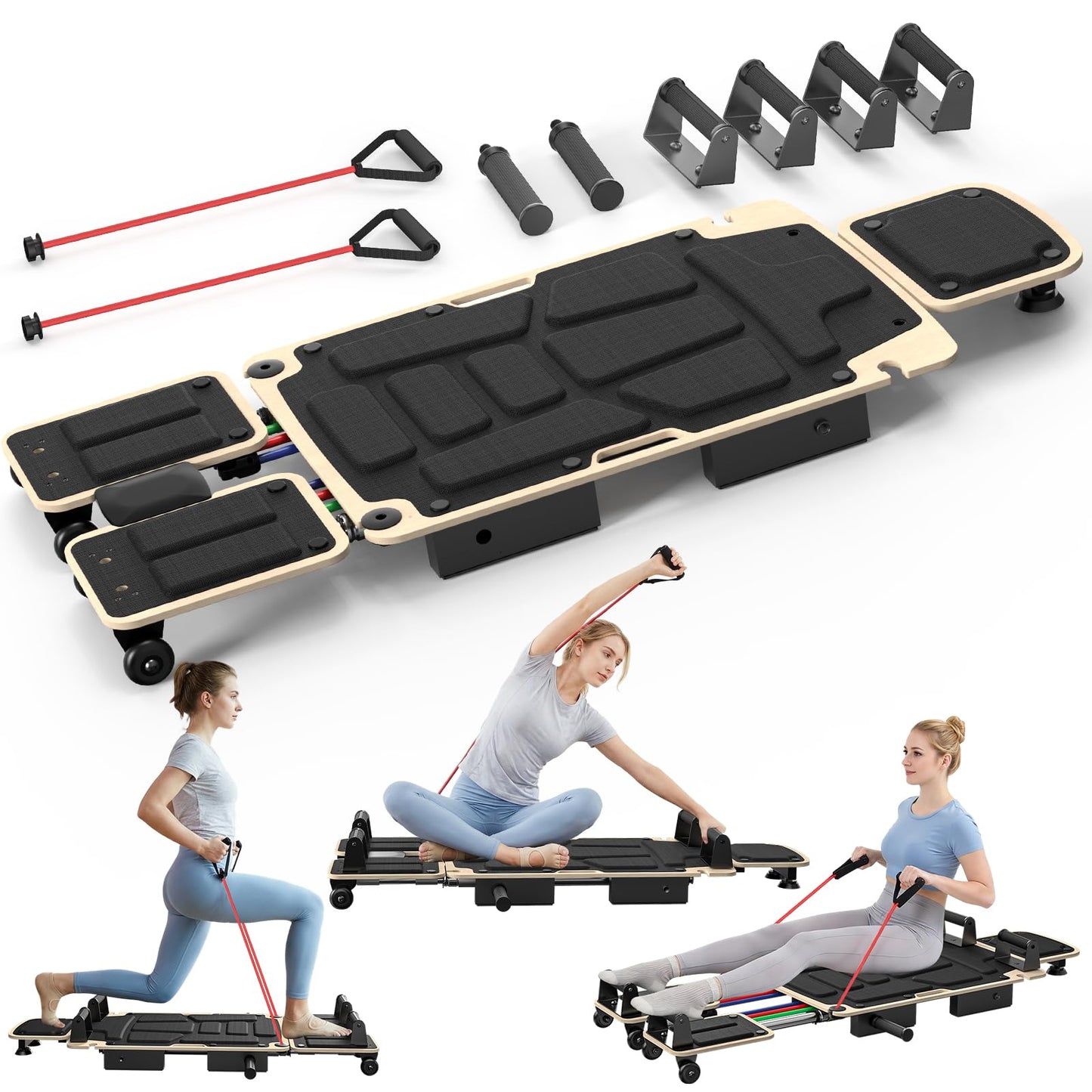 Pilates Board Reformer for Home Workout, 5-in-1 Pilates Equipment with Dual & Split Foot Pads, Smooth Sliding Rail System, Adjustable Headrest for 110–190cm, Core & Full-Body Training