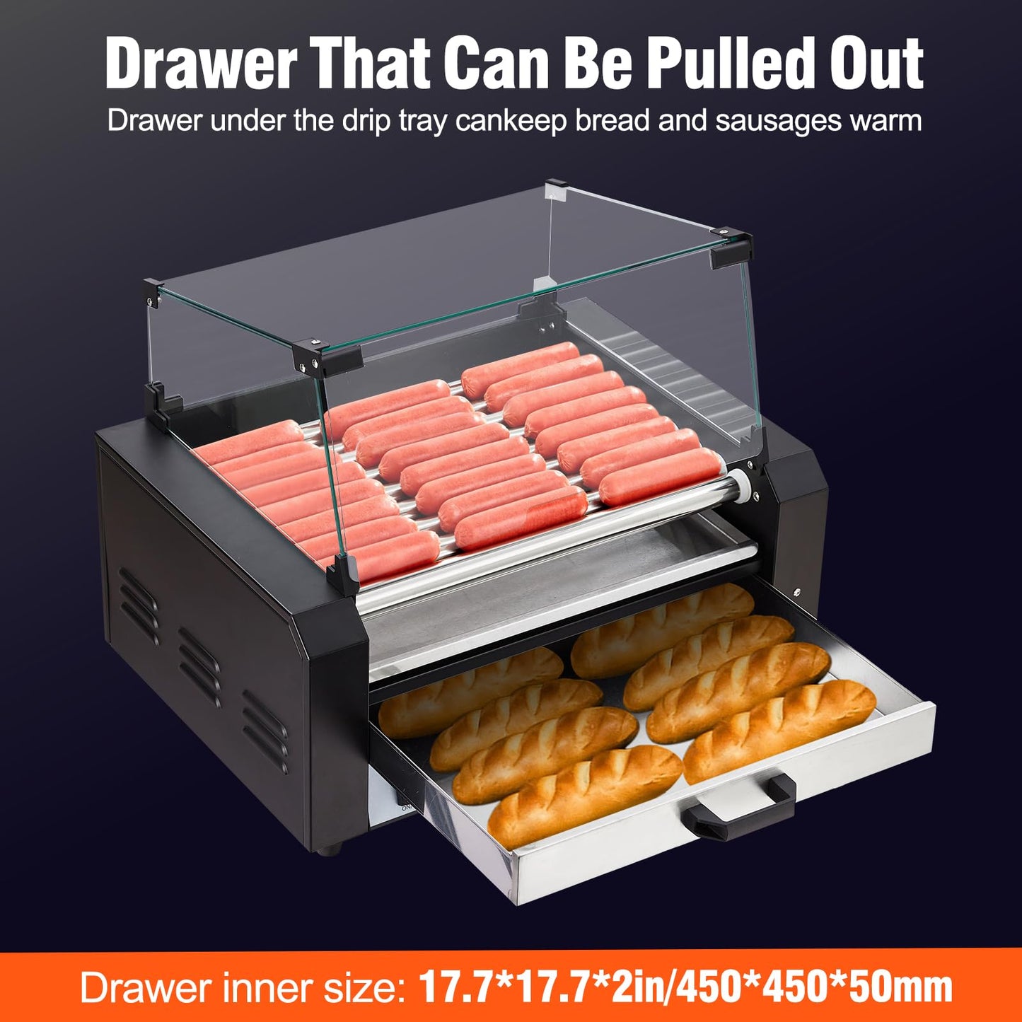 ACONEE Hot Dog Roller, 9 Rollers 24 Hot Dogs Capacity 1650W Stainless Sausage Grill Cooker Machine with Removable Oil Drip Tray Dual Temp Control and Glass Hood Cover, Perfect for Commercial and Party