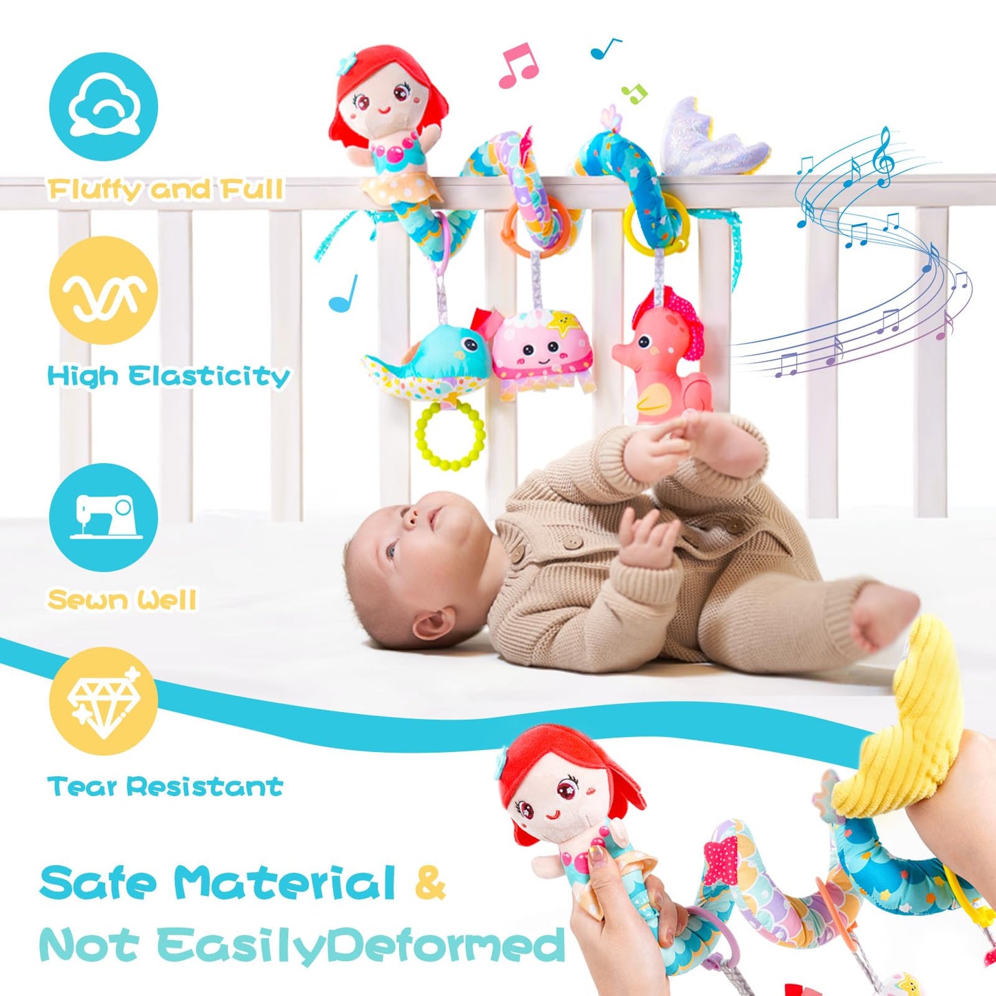 Koty Carseat Toys Hanging, Blue Mermaid Stroller Toys for Babies 0-6 Months, Baby Car Seat Toy with Crinkle, Teether, Music Box, Rattle, BB Squeaker for Babies Boys Girls Gifts (Blue Mermaid)