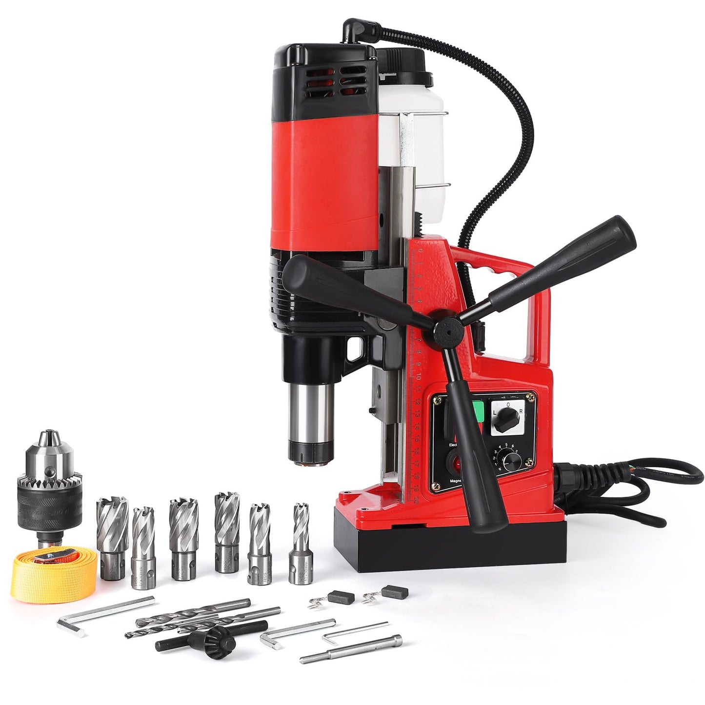 COZONY Mag Drill Press, 1400W 810RPM Portable Magnetic Drill Press, 10-Speed Core Electric Drilling Machine for Metal Working,10Pcs Annular Cutters Drilling Bits，Red