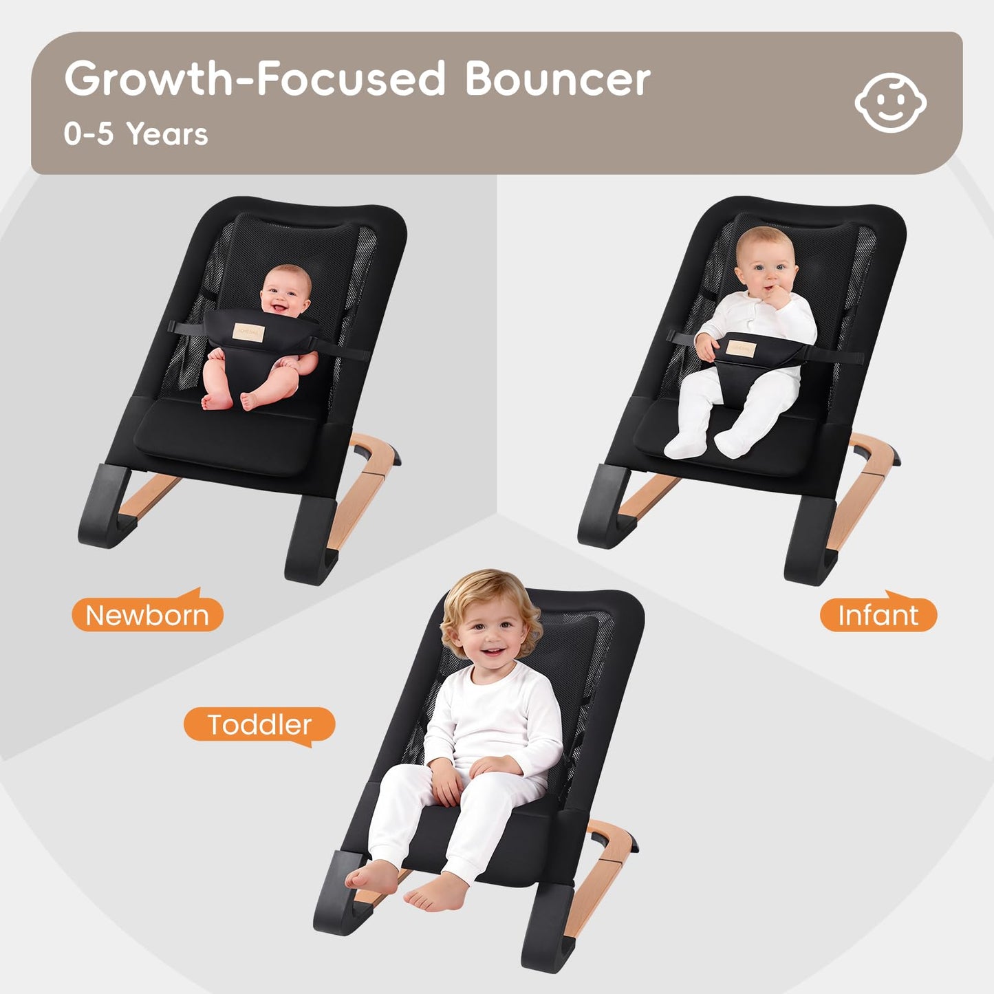 Baby Bouncer for Newborns 0-12 Months: 0-5 Years Portable Infant boy Bouncer Seat Chair in Black with Adjustable Recline & 3-Point Harness, Supports Up to 60 lbs