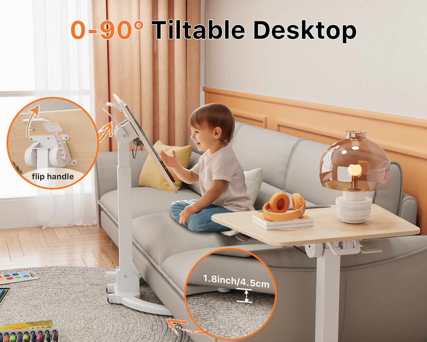 JOY worker Foldable Mobile Standing Desk, Pneumatic Height Adjustable Sit Stand Desk, 90° Tiltable Rolling Laptop Desk, Portable Cart with Wheels Non-Slip Mat for Home Office, Holds Up to 22lbs