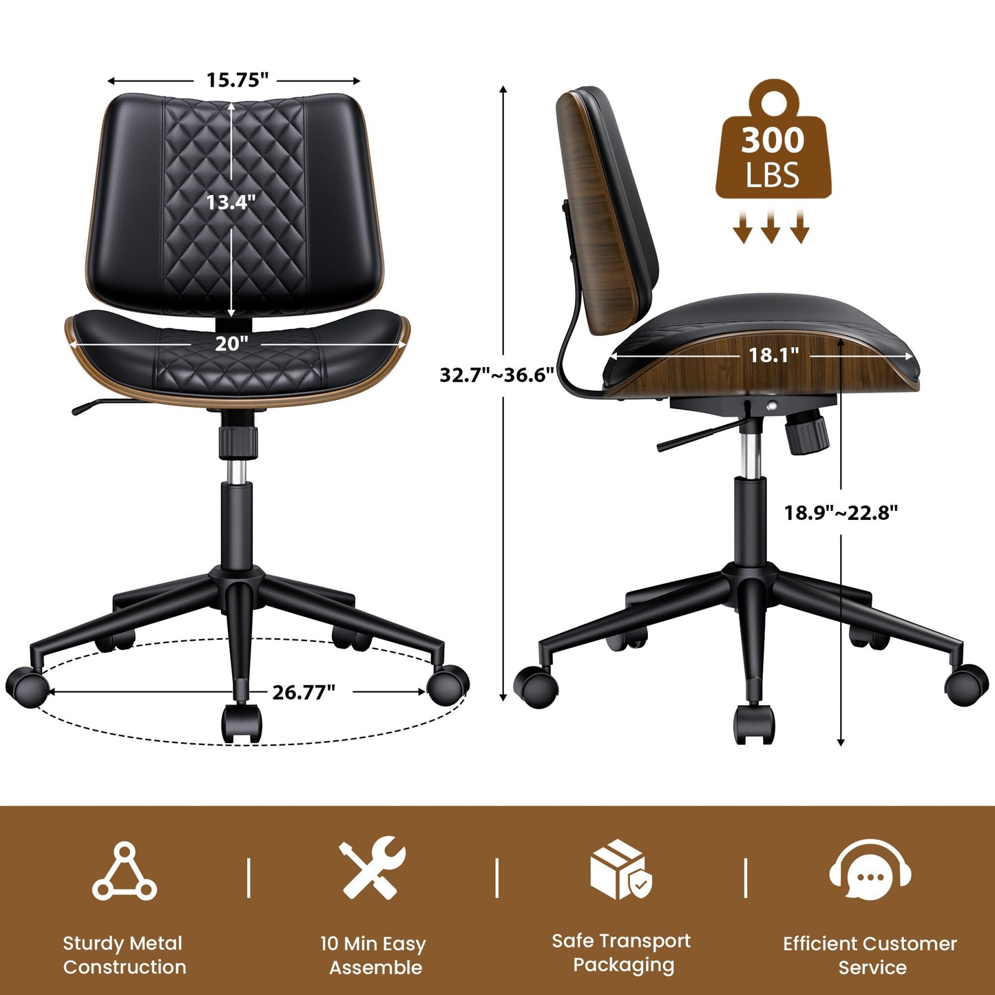 REONEY Home Armless Office Chair with Wheels, Modern Walnut Armless Desk Chair, Adjustable Swivel Rolling Task Chair with Curved Back for Small Space, Reading, Meeting Room, Black