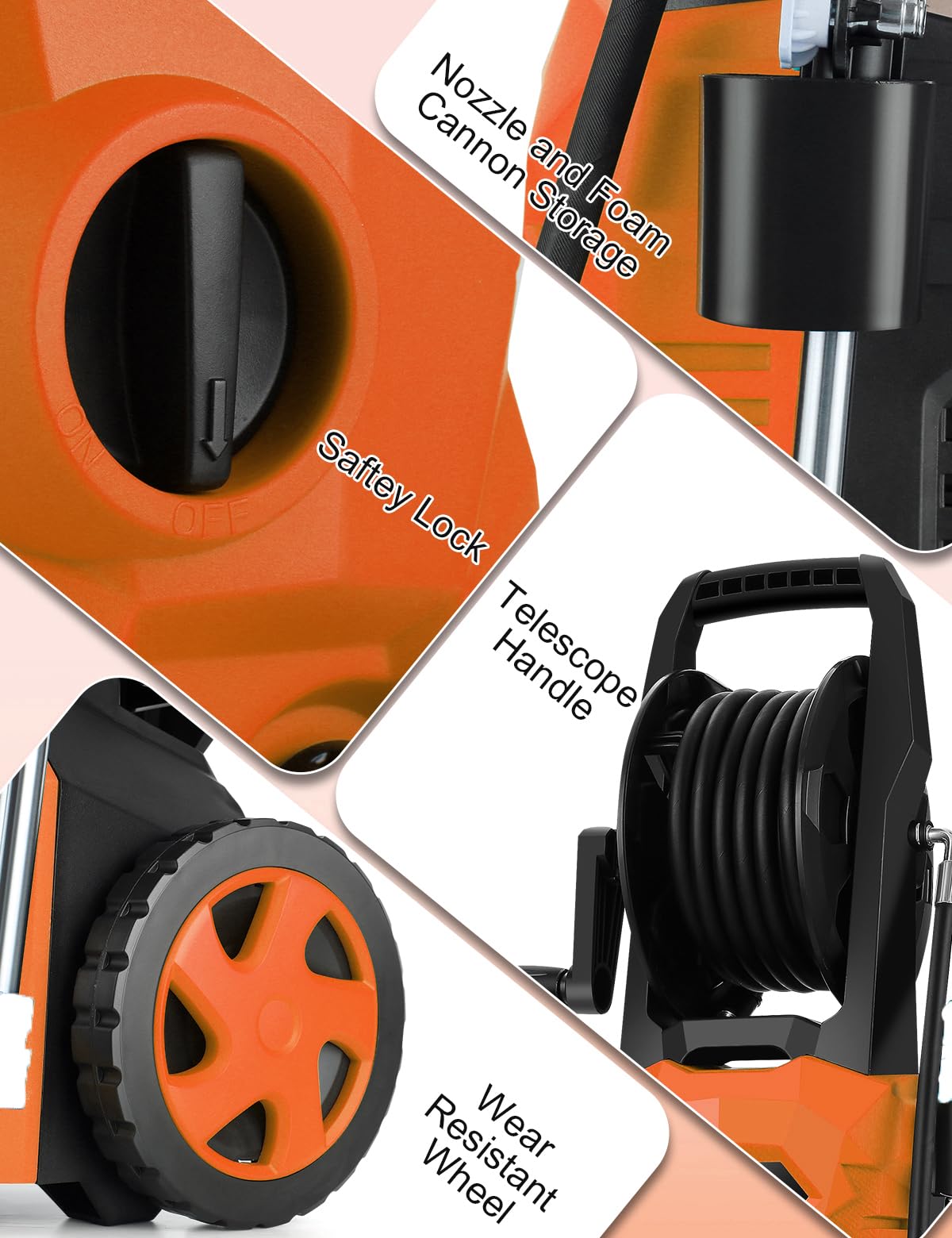 commowner 5000PSI Electric Pressure Washer - 2025 New Power Washer with Upgraded 33ft Pressure Washer Hose Reel, Foam Cannon, 4 Nozzle Set, Power Washer for House/Patios/Car/Fence, Orange