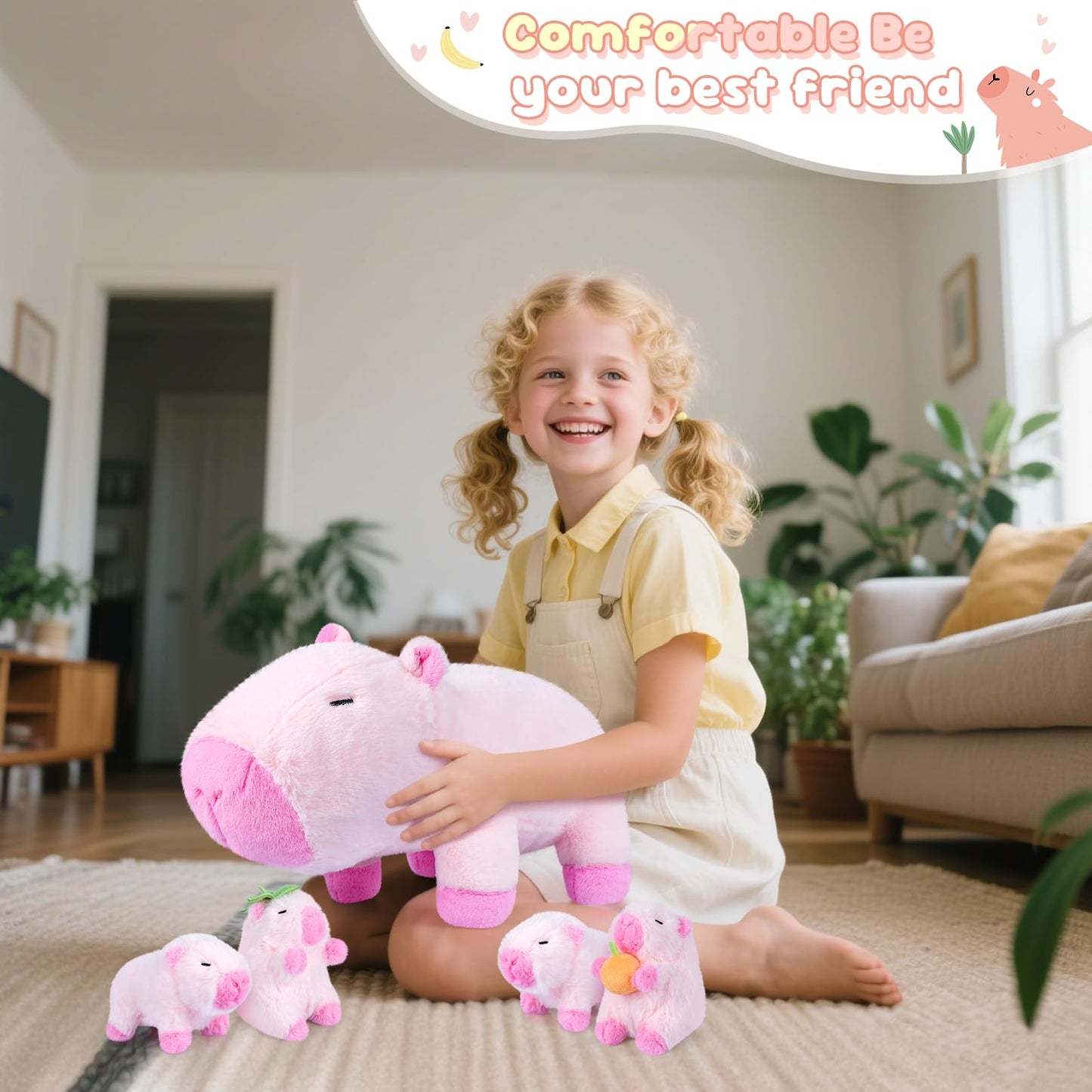 SuzziPals 5-in-1 Pink Capybara Plush with Babies Inside, 5Pcs Set Capybara Stuffed Animal with Mommy & 4 Babies, Cute Plush Pillow Decor, Cute 3 to 8 Year Old Girl Gift, Imaginative Toy (Capibara)