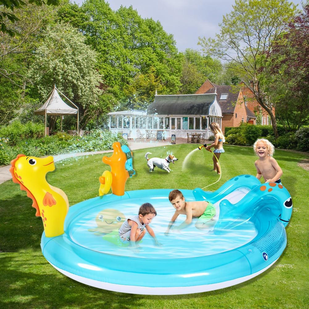 Inflatable Sea Animal Play Center, Inflatable Kids Swimming Pool with Water Slide, Water Sprayer, Sea Spray Kiddie Pool for Kids Children Summer Outdoor Splash, Backyard Garden Water Park