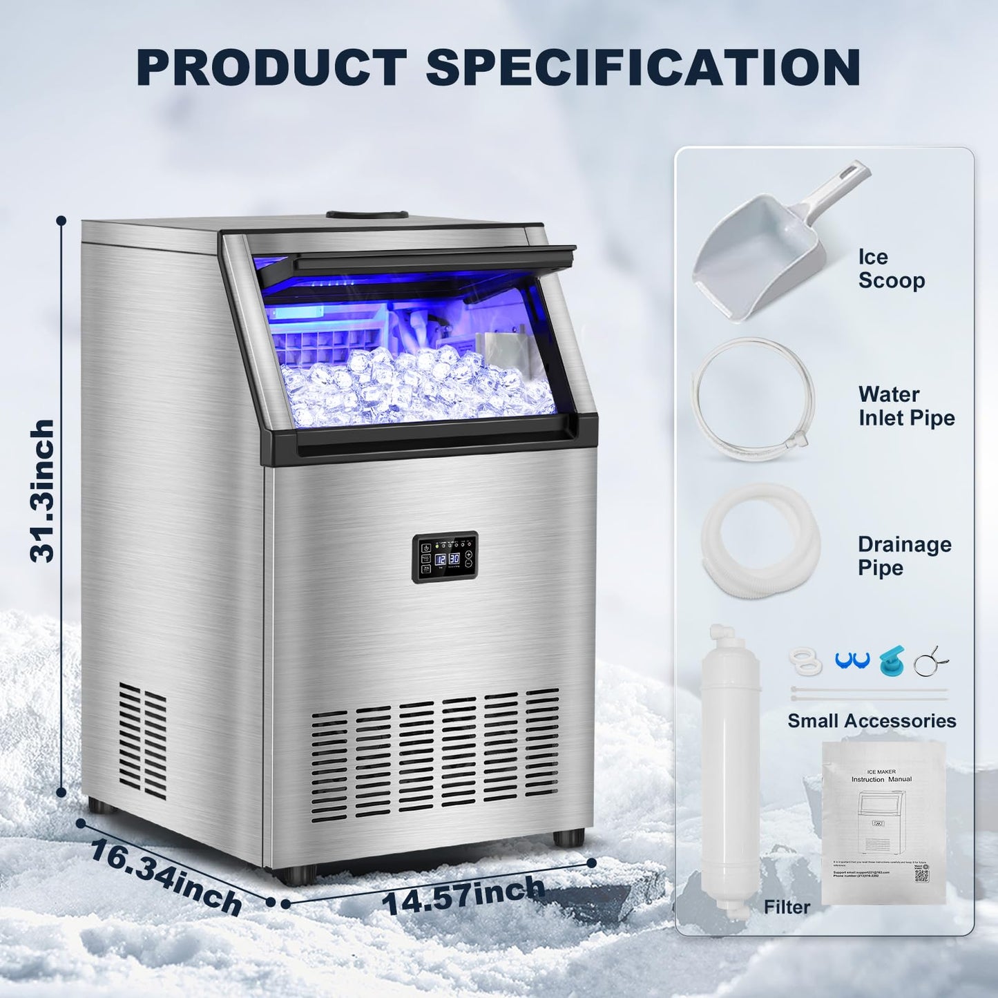 Commercial Ice Maker Machine, 160 lbs/24H with 50 lbs Storage Bin, Dual Water Inlet Options, Under Counter Freestanding Ice Maker for Home, Bar, Support 5-Gallon Bottle Water & Tap Water