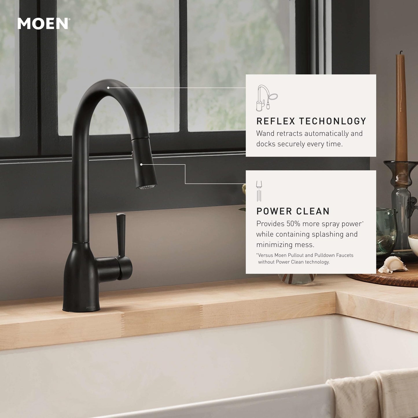 Moen Adler Matte Black One-Handle High Arc Kitchen Sink Faucet with Power Clean, Modern Kitchen Faucet with Pull Down Sprayer, 87233BL