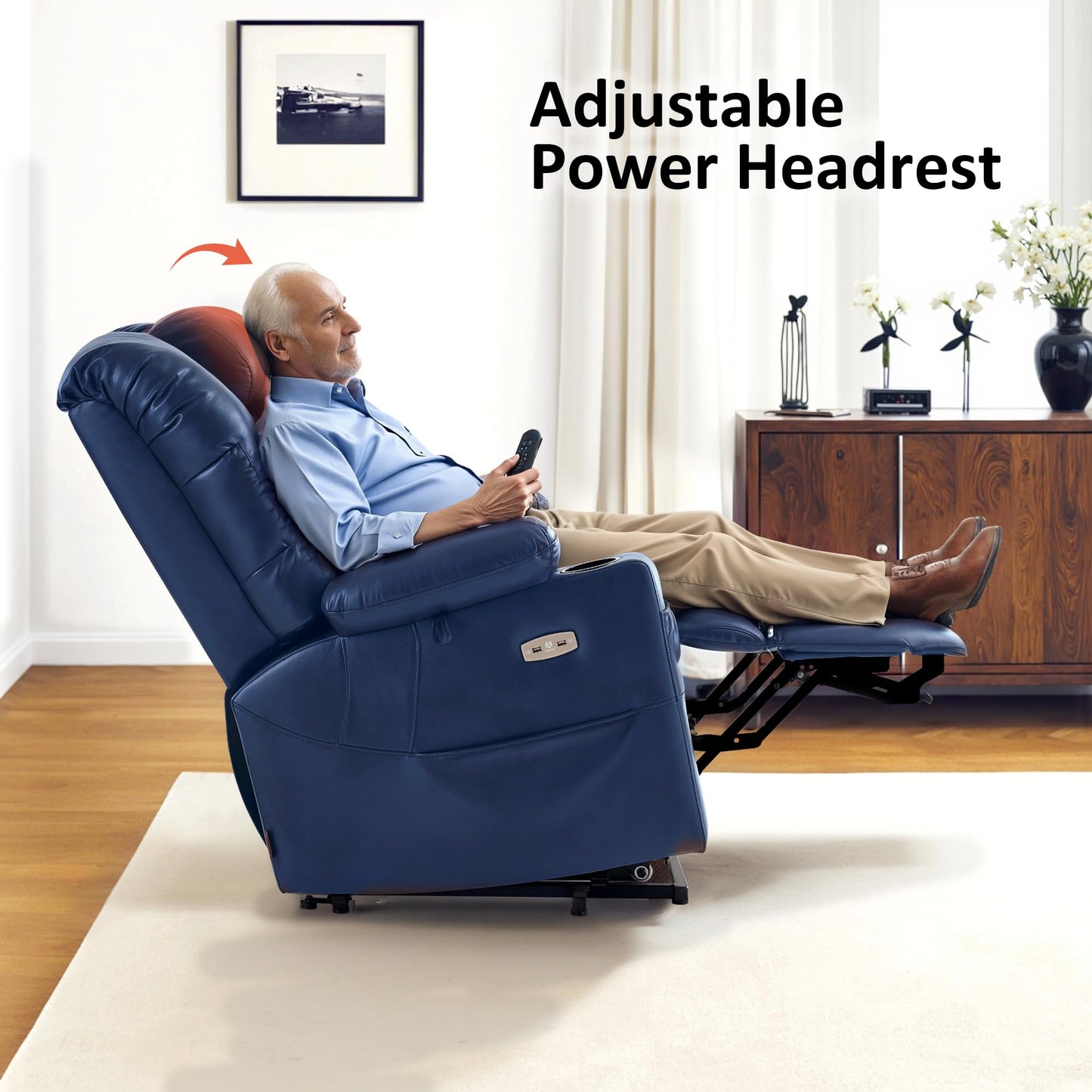 MCombo Large Triple Motor Power Lift Recliner Chair with Massage and Dual Heating, Adjustable Headrest for Tall Elderly People, Faux Leather 7634 (Blue, Large)