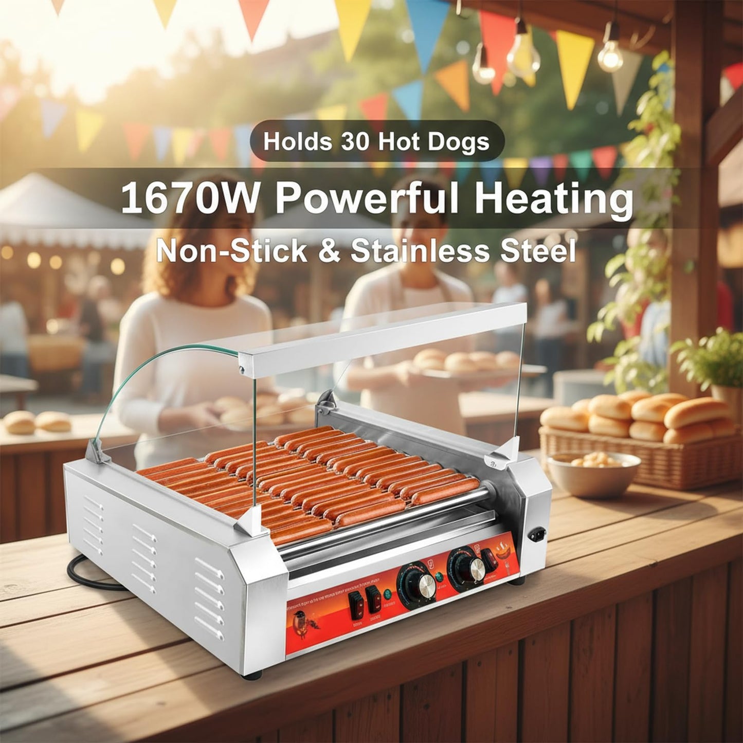 Vexon 11-Roller Hot Dog Machine，Holds 30 Hot Dogs，1670W ，Non-Stick & Stainless Steel，for Parties, Events & Food Stalls