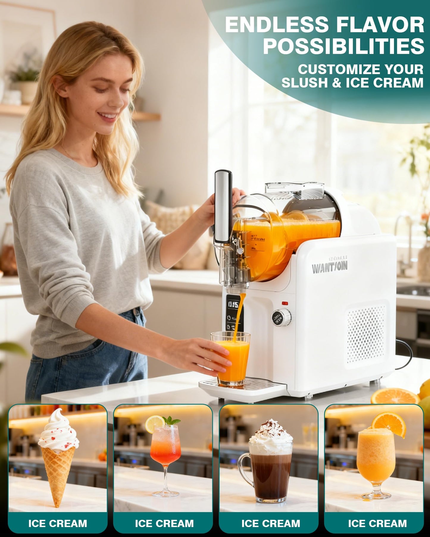 WantJoin 2-in-1 Slushie Machine – 72 oz White Frozen Drink Machines with 6 Preset Modes, No Ice Needed, Quiet and Simple Knob Operation, Frozen Drink Maker for Ice Cream, Margarita & Slushy