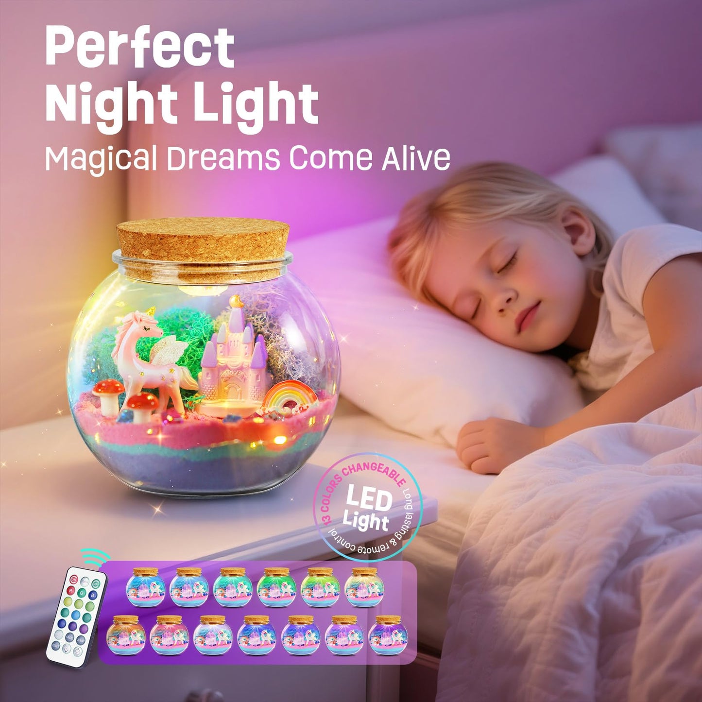 LAOESE Unicorn Light-Up Terrarium Kit for Kids – LED Night Light DIY Arts and Crafts Kit, Unicorn Toys for Girls Ages 4 5 6 7 8-12 – Birthday Easter Gifts for Girls