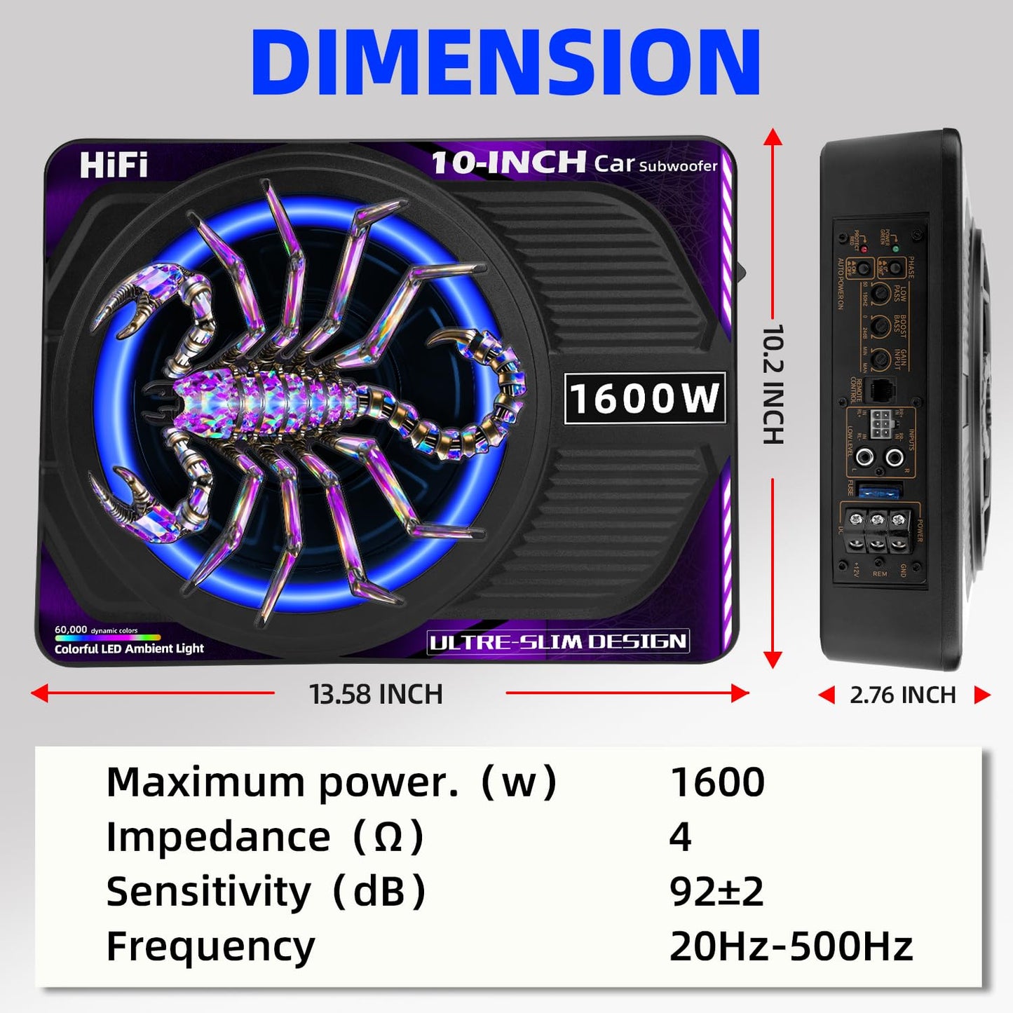 WDiYA 2026 Upgraded 1600W 10" Slim Under Seat Subwoofers with Amp & LED Ambient Lights for Truck/Car - Deep Bass, Individual Controls (LPF/Gain/Bass Boost), High Output Distortion-Free Audio