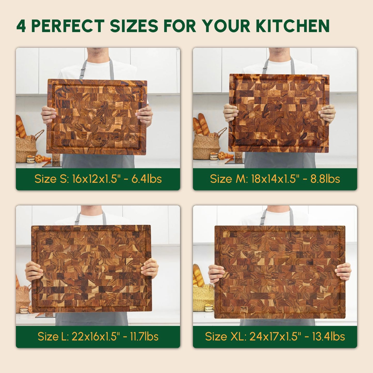 BEEFURNI Teak Wood End Grain Cutting Board (XL, 24x17x1.5"), Extra Large Wooden Cutting Boards for Kitchen, Serving & Charcuterie Boards, Premium Wood Cutting Board, 1-Year Warranty