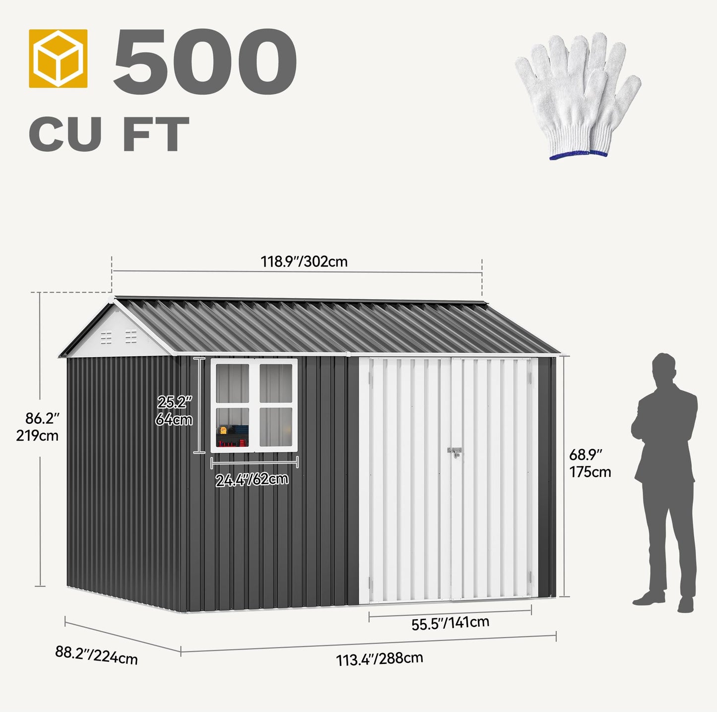 DWVO 10x8ft Large Tool Storage Shed with Window, Lockable Doors, and Sloped Roof, Oversized Steel Outdoor Storage Shed for Garden, Patio, Garage, Backyard, Lawn - Gray & White