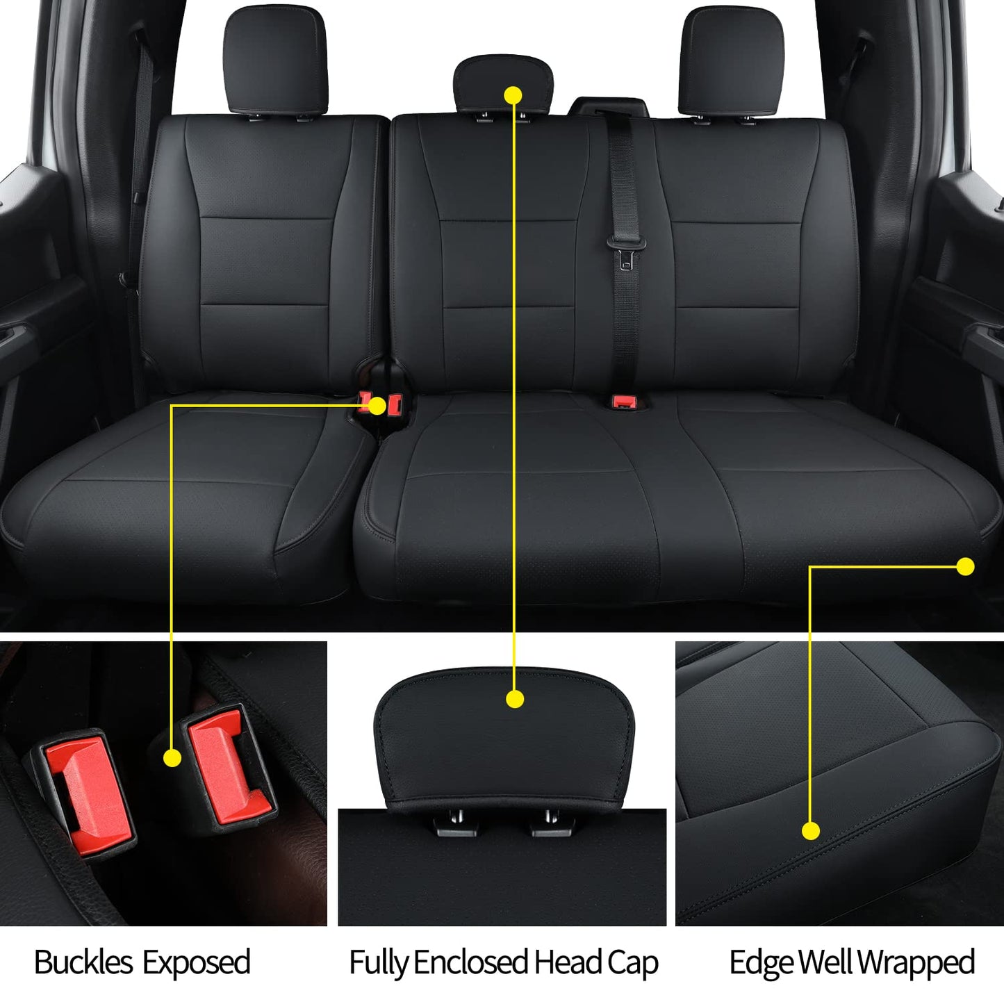 Covertopia F150 Faux Leather Seat Covers, Custom fit 2015-2024 2025 Ford F150 SuperCrew, and 2017-2024 2025 F250 F350 F450 Super Duty Crew Cab(Full Set, Black)