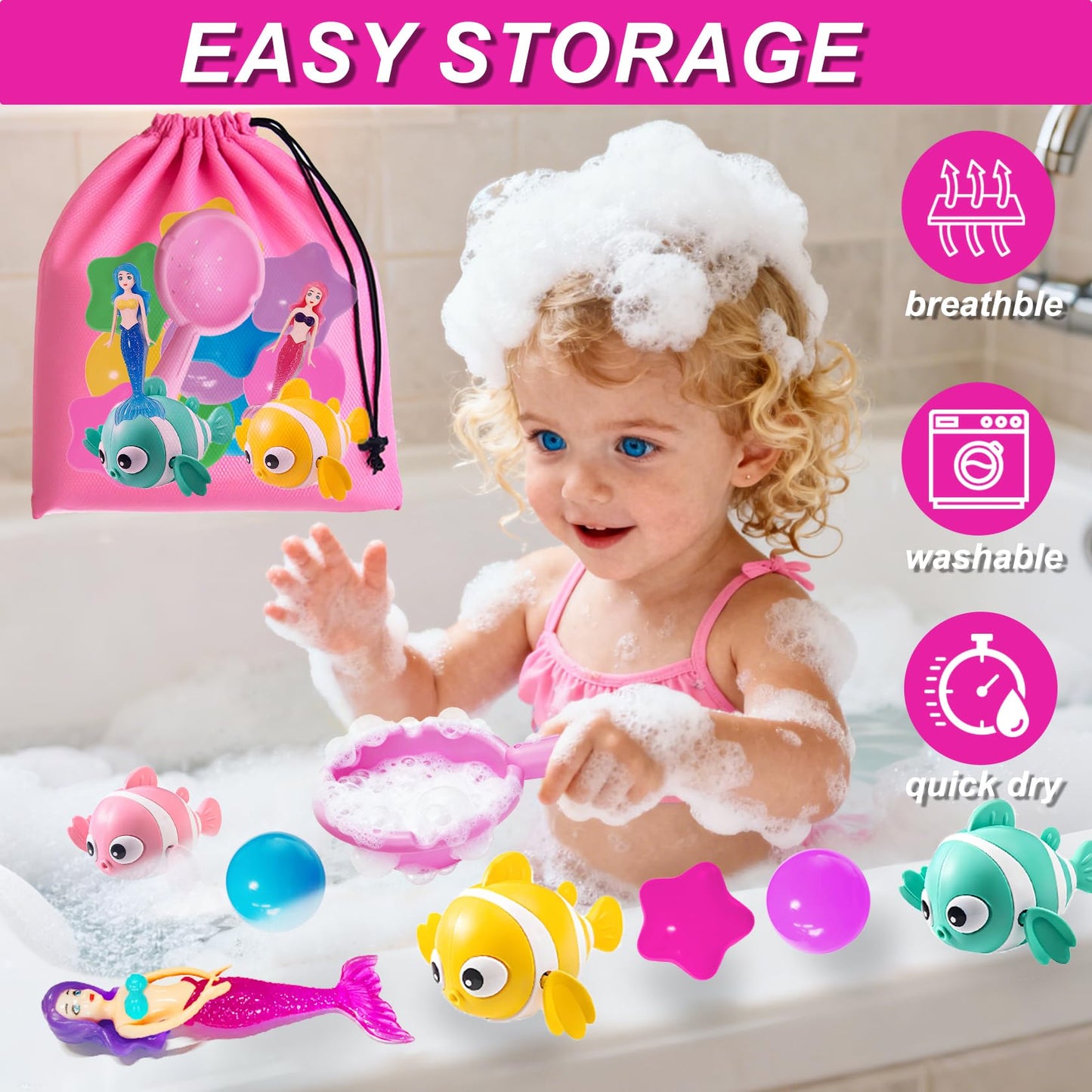 Baby Bath Toys for Kids - 20 PCS Little Mermaid Dolls, Wind Up Swimming Fish, Balls, Scoop and Storage Bag. Mold-Free Toddler Water Toys for Bathtub and Pool Diving, Gift for Girls Ages 1-3, 4-8