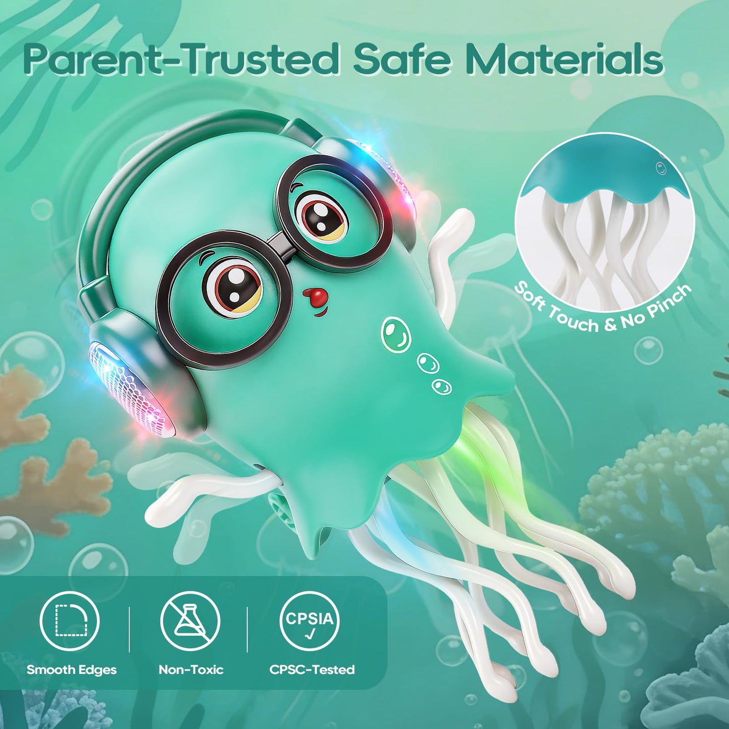 GONINO DJ Dancing Jellyfish Baby Toys, Musical Crawling Tummy Time Toys with LED Light & Smart Obstacle Avoidance, 360° Spin Sensory Toys for Toddlers, Kids Toys Birthday Gifts for Boys Girls, Green