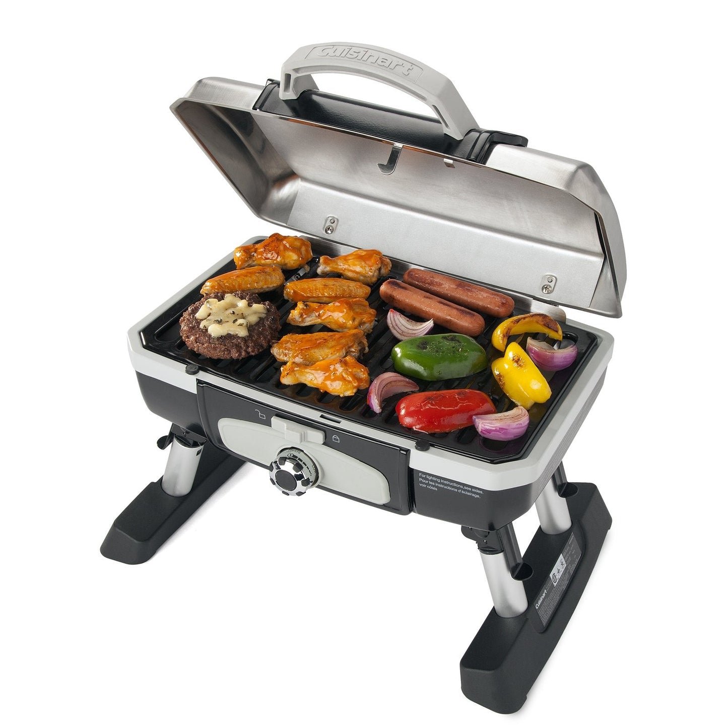 Cuisinart Petite Gourmet Portable Gas Grill, Compact Portable Grill Propane, 150 Sq. In. Cooking Surface, 5,500 BTU Burner Small Gas Grills for Camping, BBQ, Folding Legs and Carry Handles, Stainless