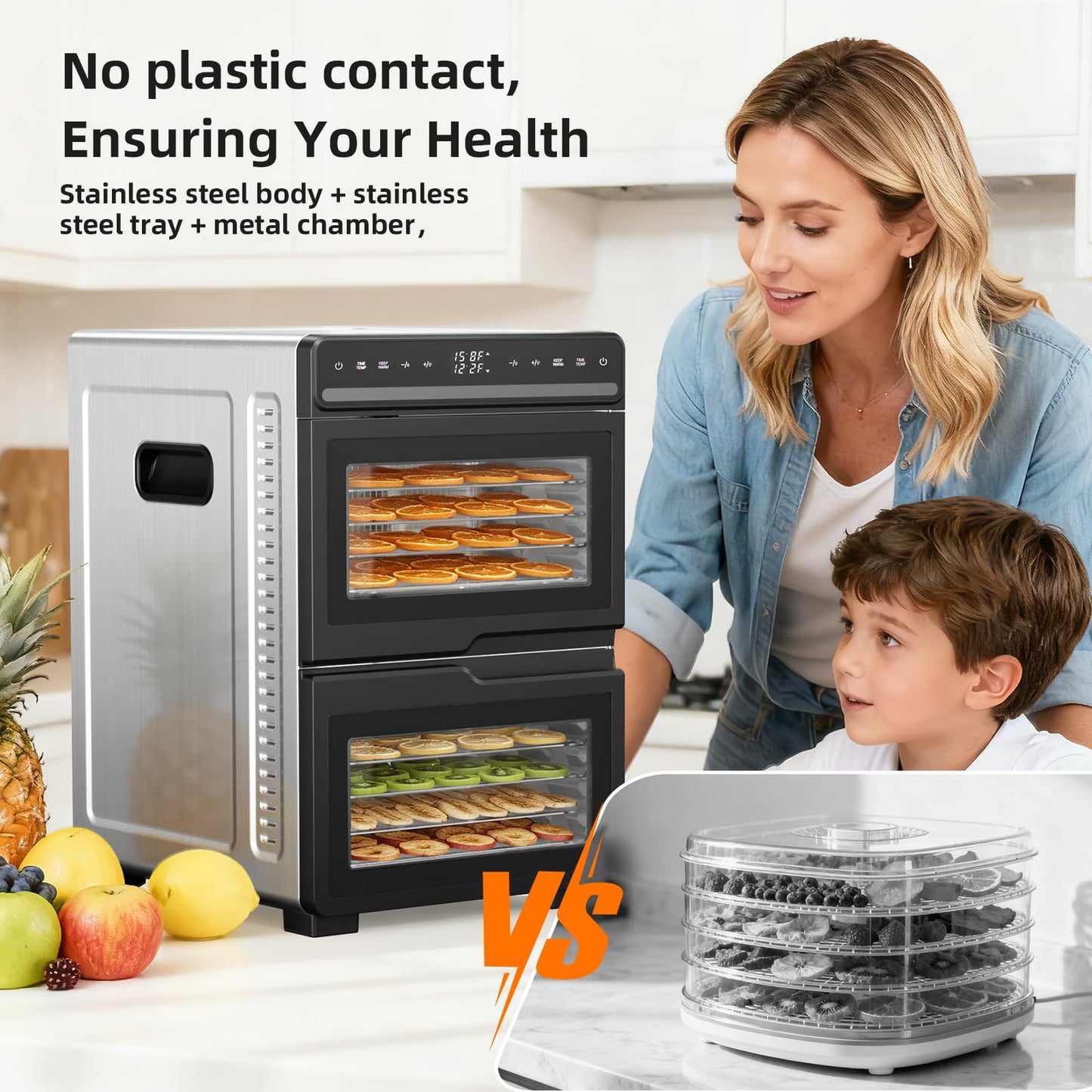 Kndko Food Dehydrator 1100W Machine With Digital Adjustable Temperature and 72H Timer,2 separate chambers,12 Stainless Steel Trays for Fruits Vegetables and Meat