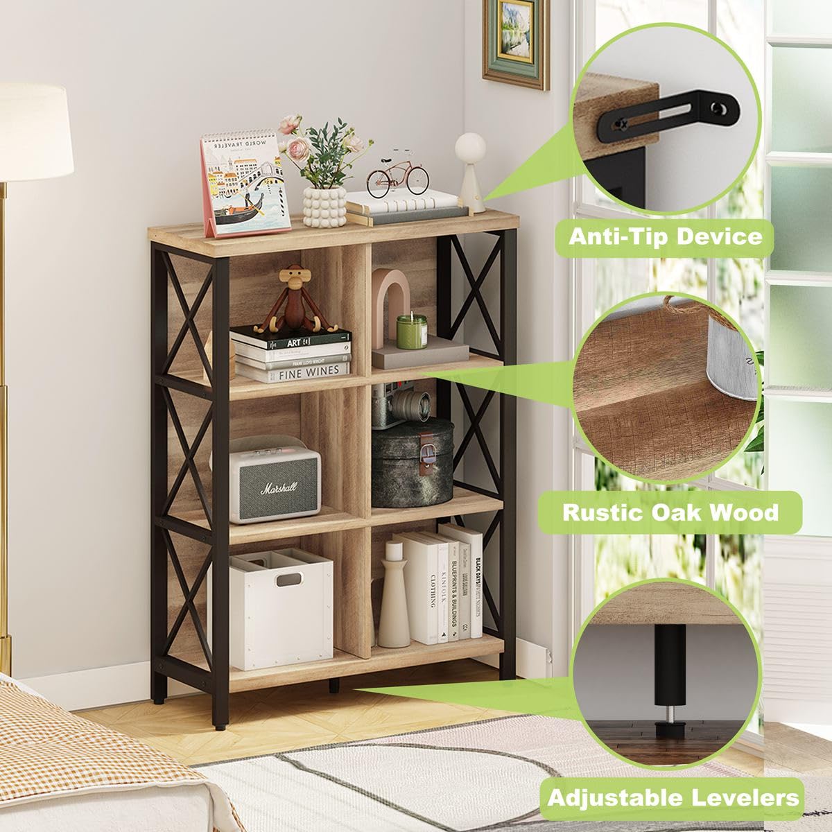 FATORRI Bookcase, 6 Cube Storage Organizer Shelf, Wood and Metal Cubby Book Shelf, Industrial 4 Tier Cube Bookshelf (Rustic Oak)
