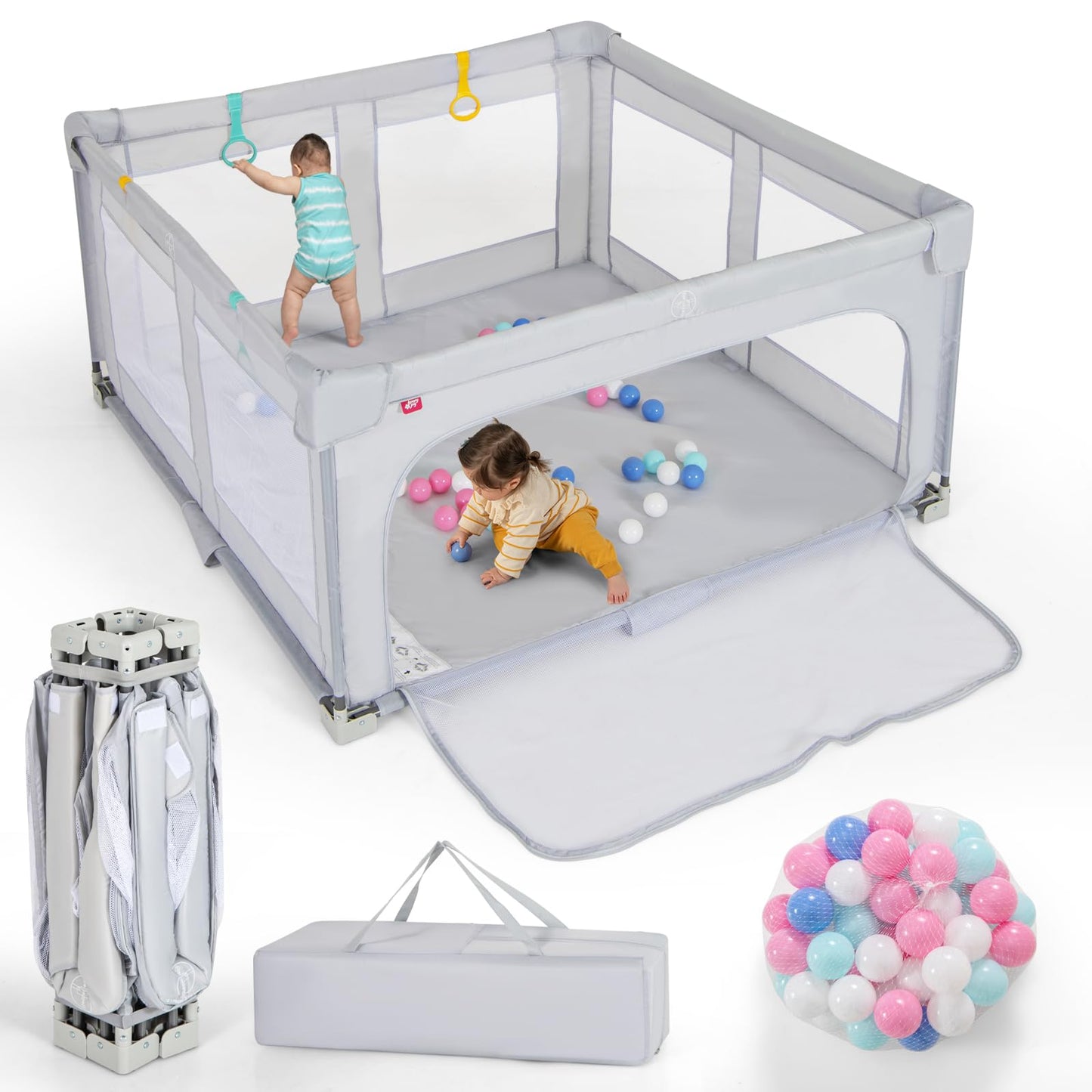 Costzon Foldable Playpen for Babies, 59''x59'' Portable Baby Play Pen with 50 PCS Ocean Balls, 4 Handles, Carry Bag, Visible Mesh, Kids Activity Center with Gates, Indoor & Outdoor Baby Gate Play Pen