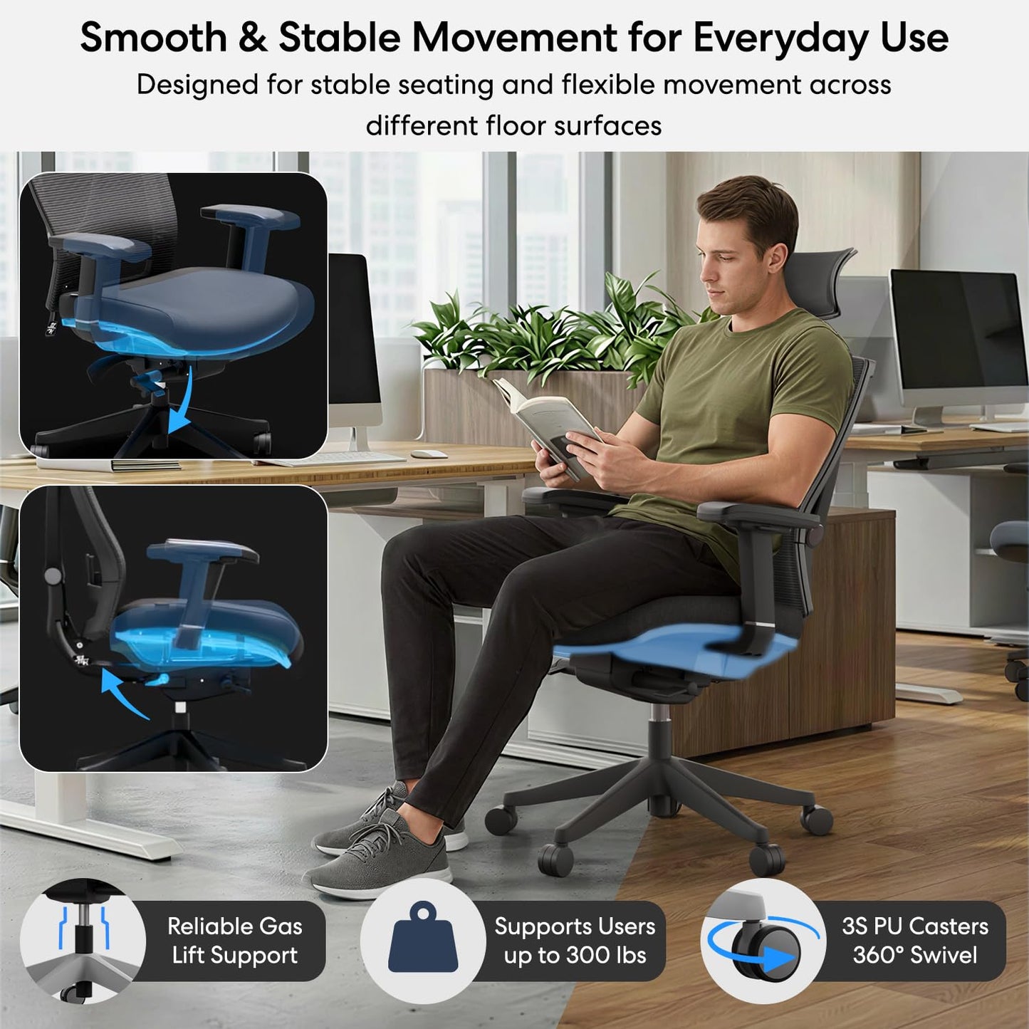AUTONOMOUS ErgoChair Pro Black Foam Ergonomic Office Chair For Back Pain Relief Adjustable Lumbar Support, Headrest, Big And Tall Home Office Desk Chair Comfy 300 LBS with Swivel Wheels For Long Hours