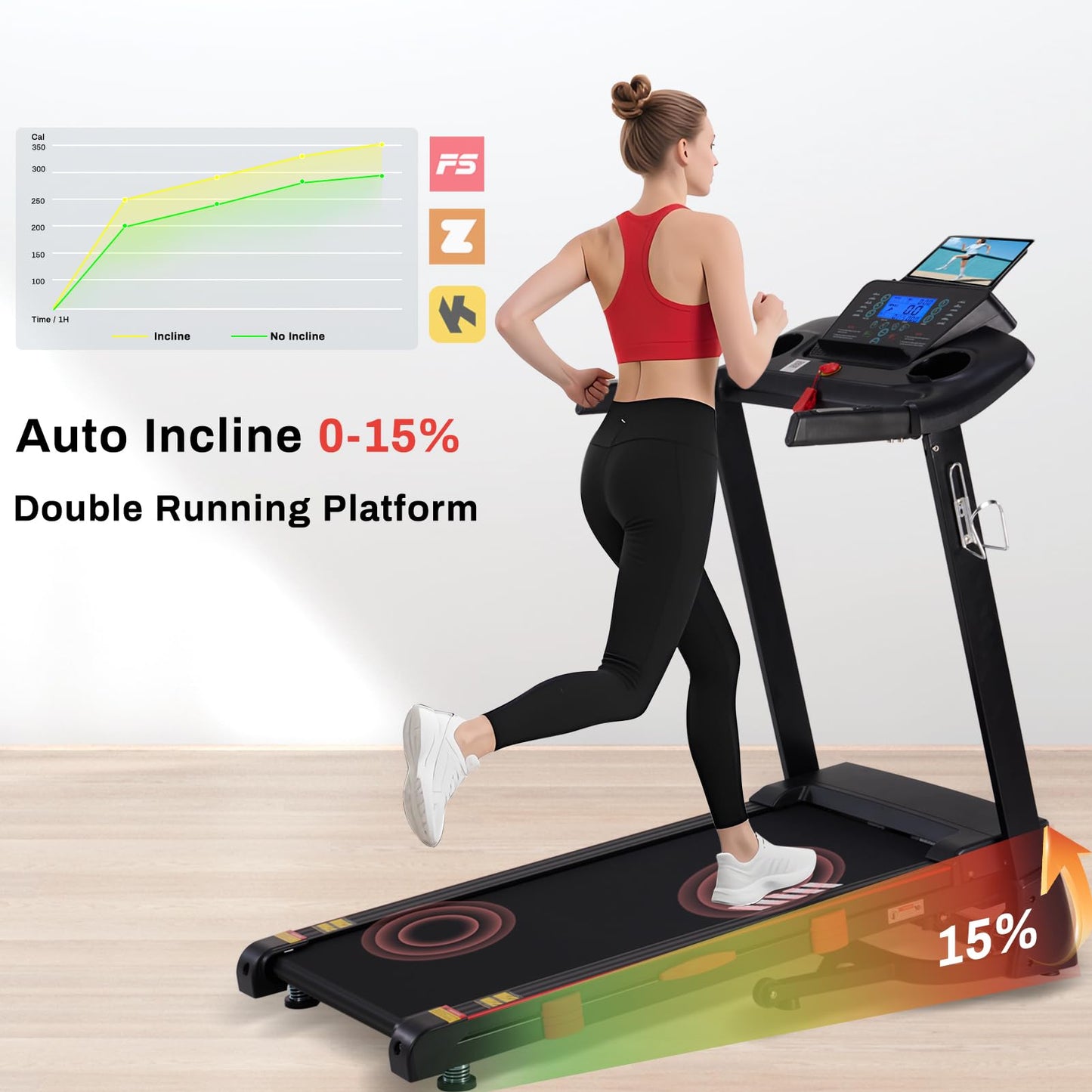 Treadmill with Incline,15-Level Auto Incline, 18" Wide Belt, 350lb Capacity, 3HP, 0.5-10 MPH, 36 Programs Running Treadmills for Home with Bluetooth APP