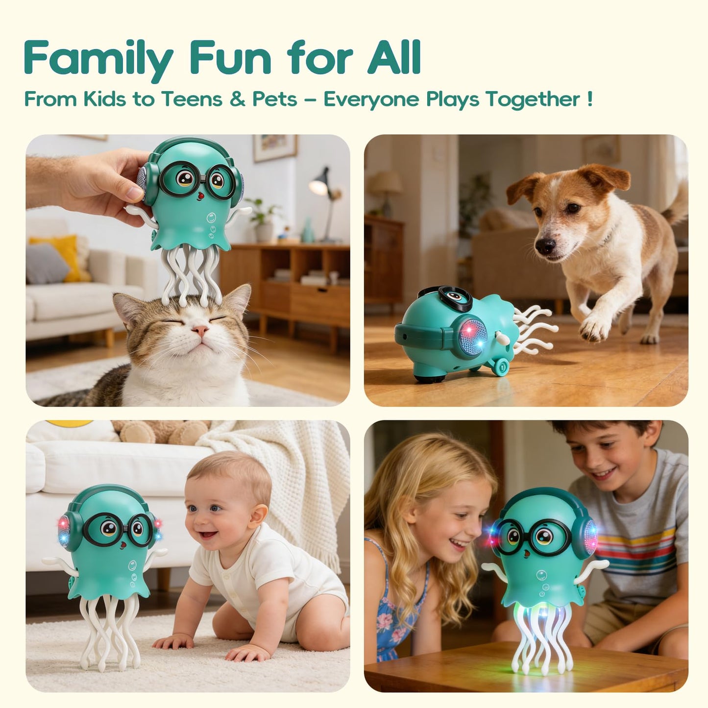 GONINO DJ Dancing Jellyfish Baby Toys, Musical Crawling Tummy Time Toys with LED Light & Smart Obstacle Avoidance, 360° Spin Sensory Toys for Toddlers, Kids Toys Birthday Gifts for Boys Girls, Green