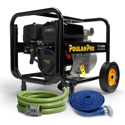 Poulan Pro Semi Trash Pump 2-Inch with Hose Kit, 50ft Discharge Hose, 12ft Suction Hose, 100ft Lift, 23ft Suction Gas Powered Water Pump with Wheels & Handle for Pond, Sewage, and Pool