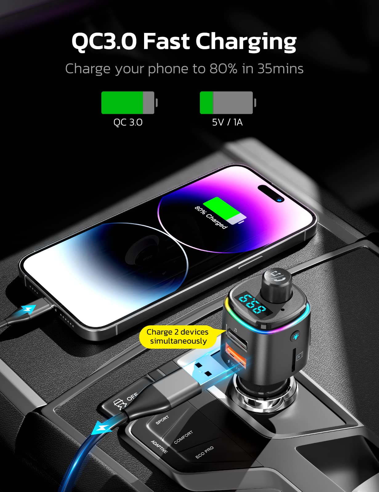 Nulaxy Bluetooth FM Transmitter, QC3.0 Fast Charge Bluetooth Car Adapter, Wireless Radio Car Kit with 7 Color LED Backlit, USB Flash Drive, microSD Card, Glossy Black