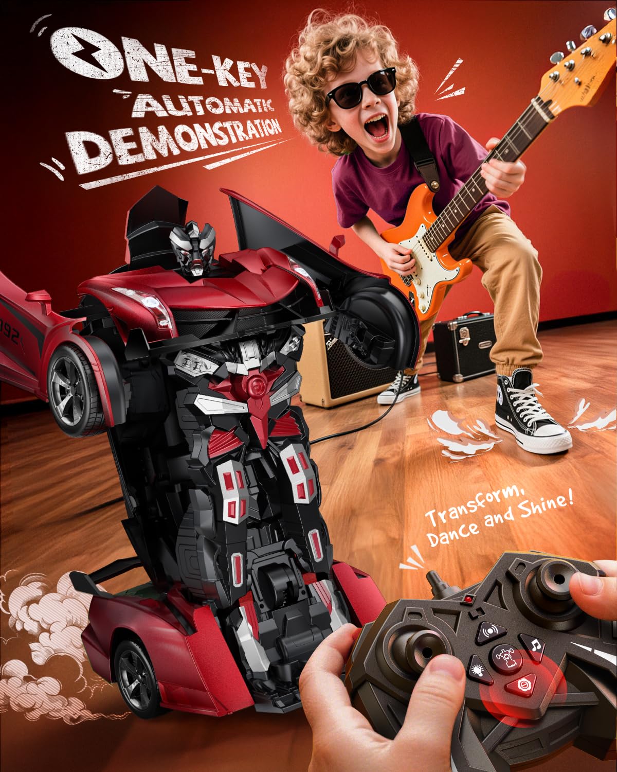 Veeniix V992 Transform Remote Control Car,Transform Robot RC Cars,1:14 Scale,2-in-1 Robot Toy Car with Sound & Light,Gesture Sensing,Automatic Deformation,Great Gifts Toys for Boys and Girls 4-6 (Red)