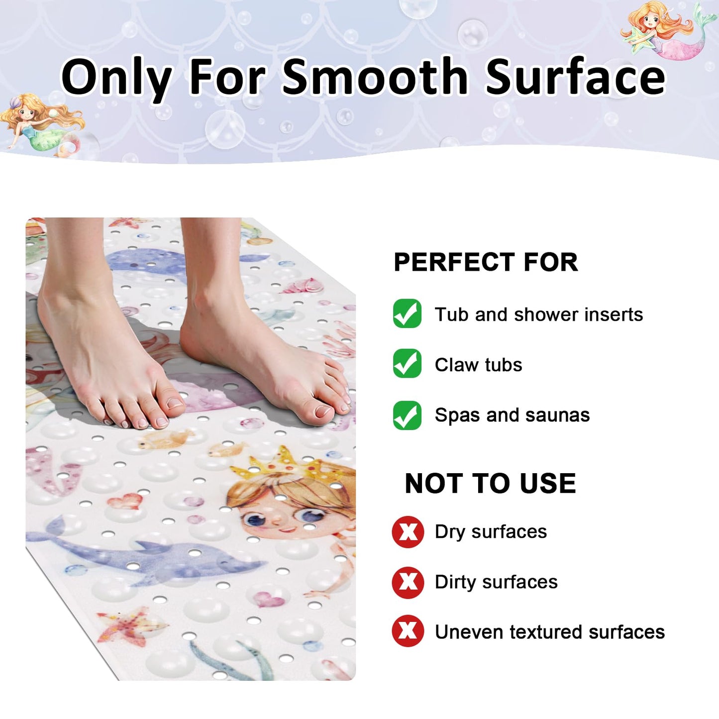 Topotdor Baby Bath Mat, Cartoon Bath Mat for Tub Non Slip Kids, 40x16 Inch Extra Long Toddler Bathtub Mat with Drain Holes & Suction Cups, Machine Washable Anti-Slip Shower Mat, Mermaid