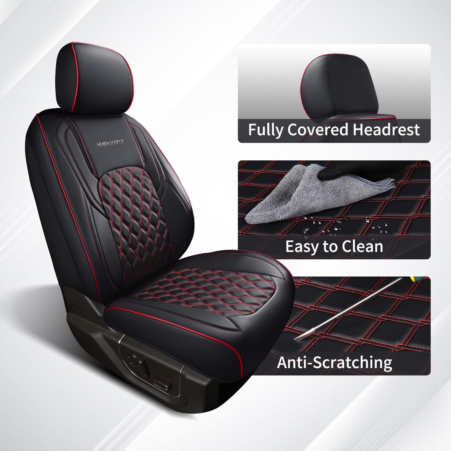 Huidasource Leather Seat Covers Custom Fit for Truck Chevy Silverado GMC Sierra 1500 2007-2013&2019-2025, 2500HD 3500HD 2020-2025 Crew Double Extended Cab Seat Cushion Protector (Full Set/Black&Red)