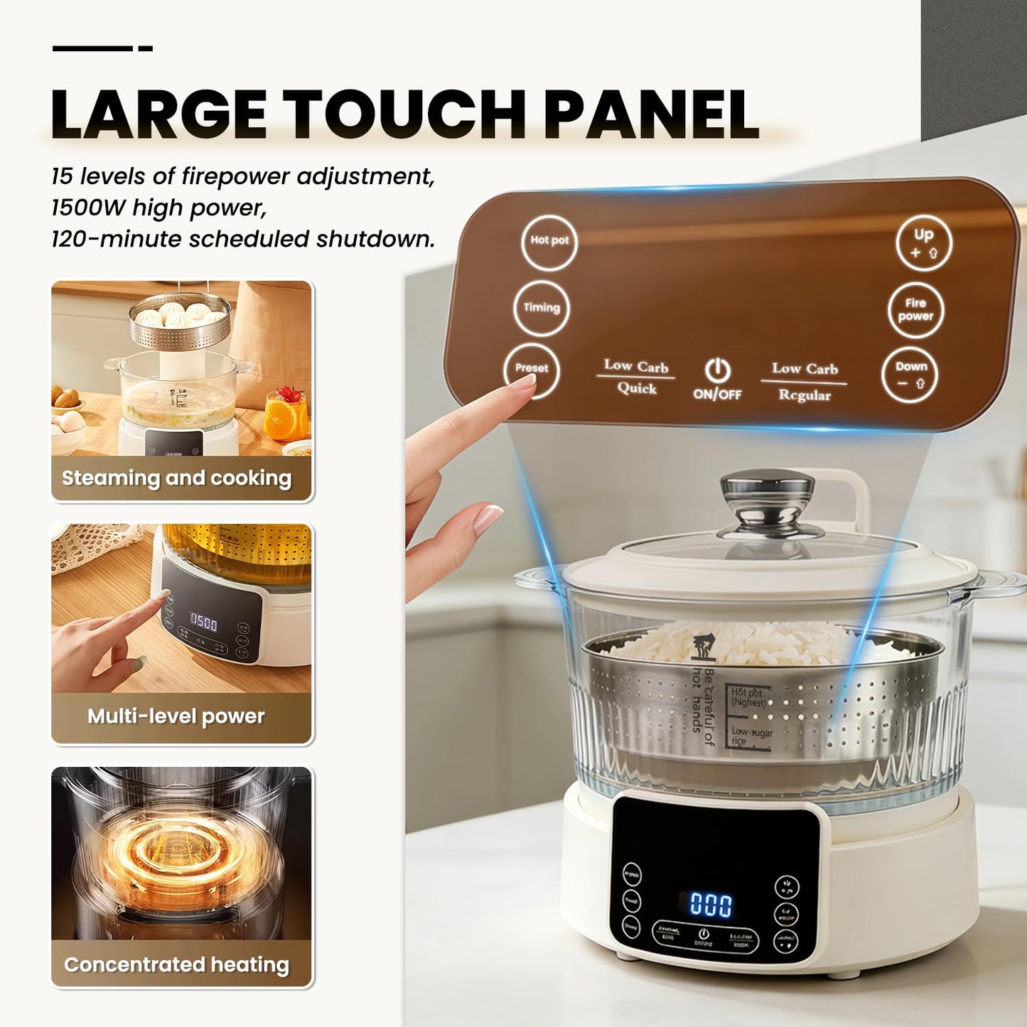 Low Carb Rice Cooker, Multifunction Smart Rice Cooker, Transparent and Visible food Steamer with Auto Lift Filter Basket (5L)
