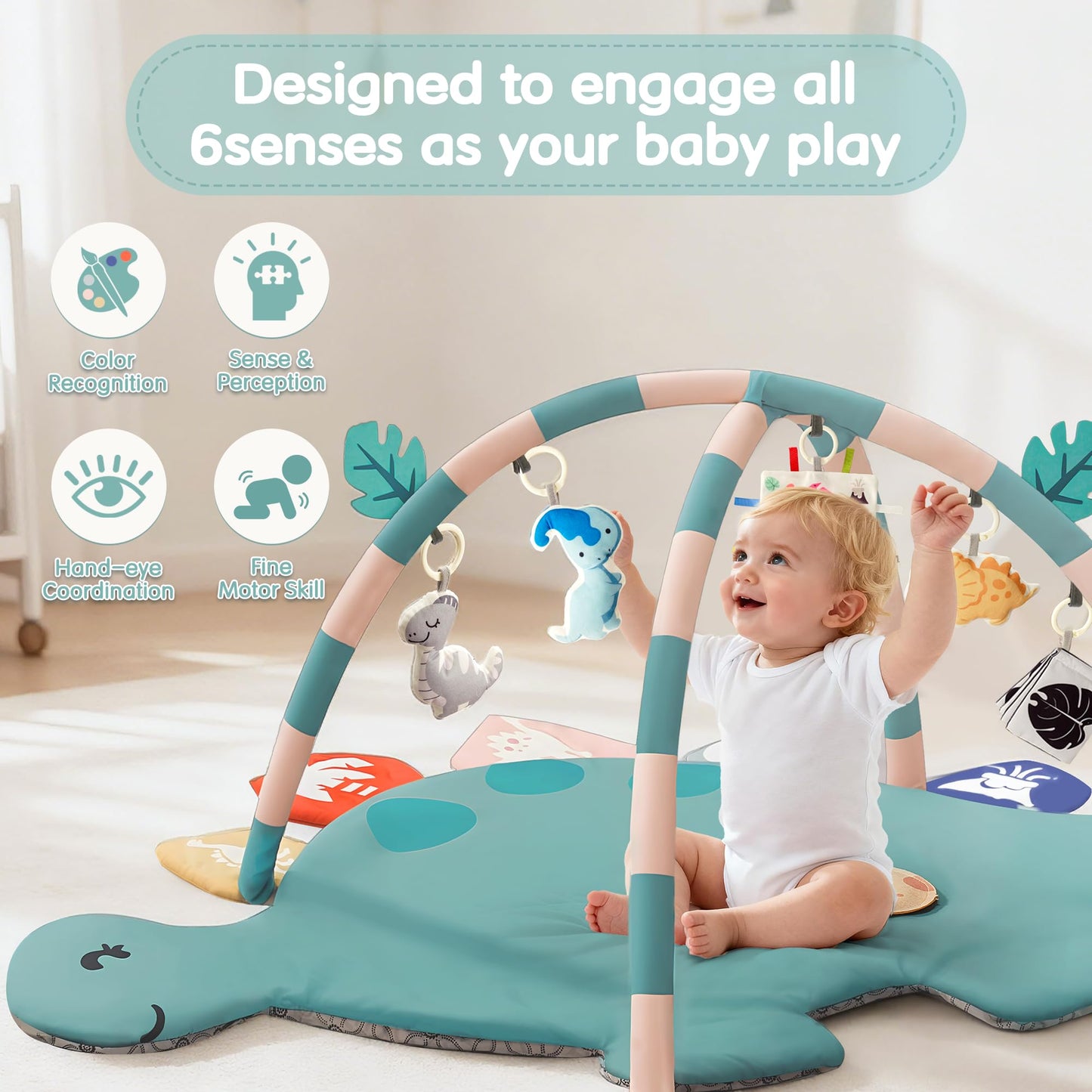 Baby Tummy Time Mat, Oversize Dinosaur Shaped Baby Play Gym Mat with 6 Toys, Play Mat for Babies 0-6-12 Months Promotes Motor Skills & Sensory Development, Newborn Essentials Infant Shower Gift