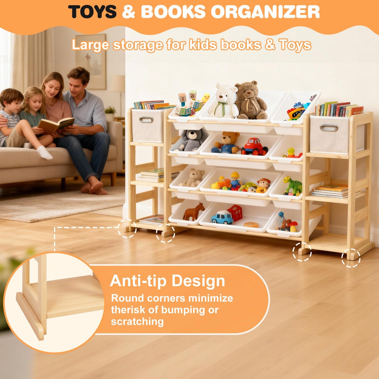 MICZG Extra Large Toy Storage Organizer for Kids - 3-in-1 Wooden Bookshelf with 6 Shelves, 12 Bins + Free 2 Storage Boxes, Anti-Tip for Playroom/Nursery